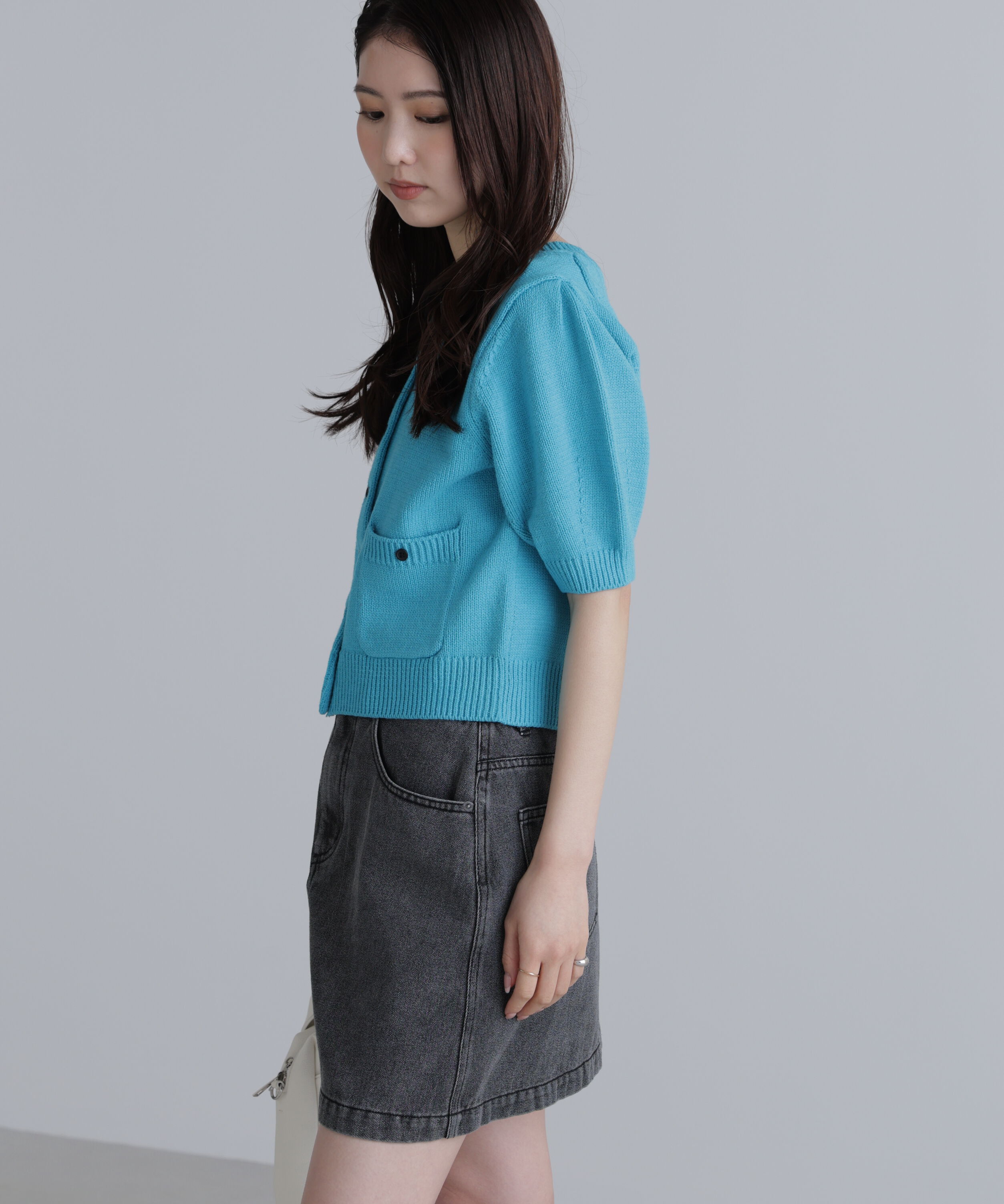  「フロントポケット半袖カーディガン」|ニット・セーター|