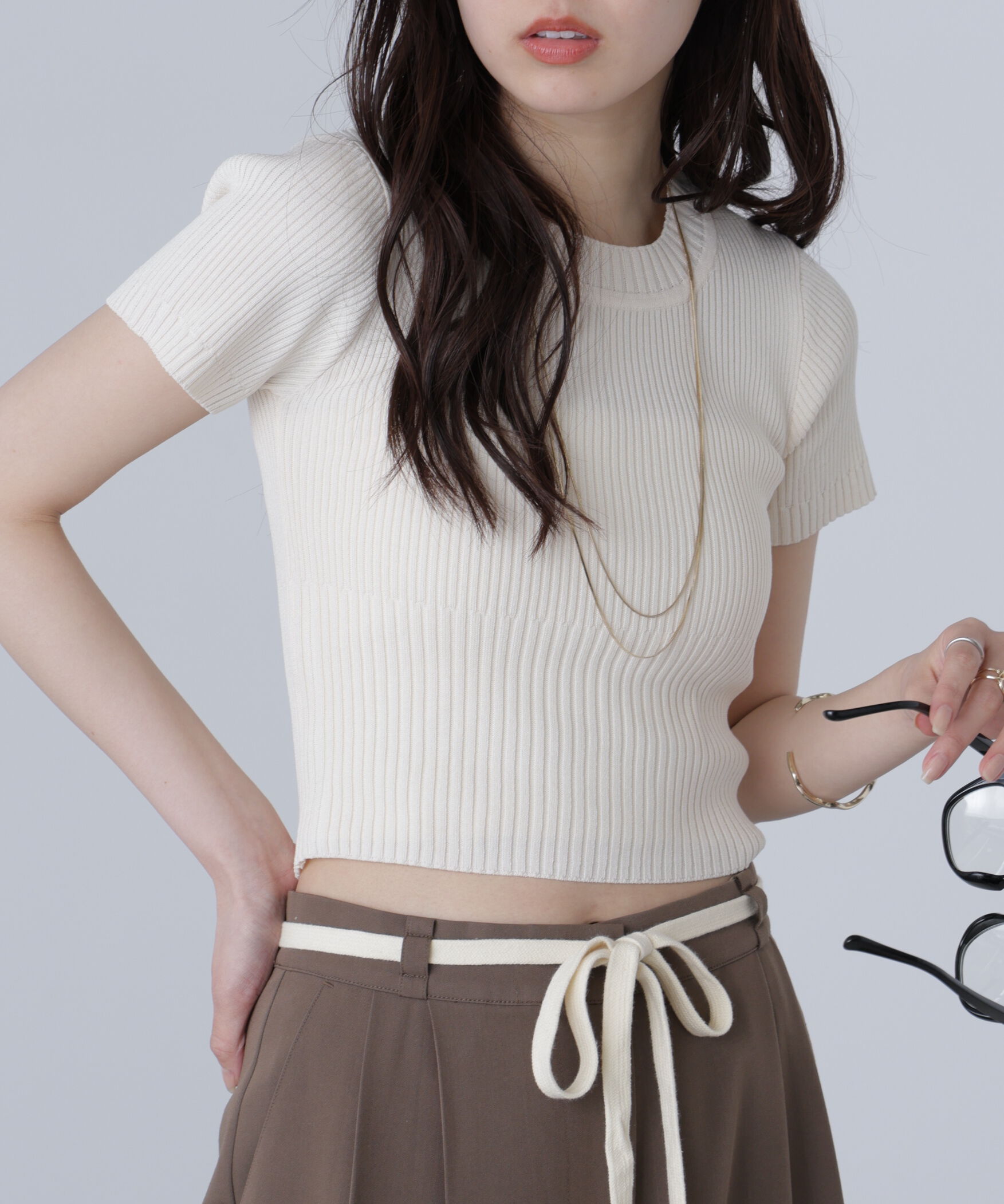  「ショート丈クルーネックリブニット」|ニット・セーター|