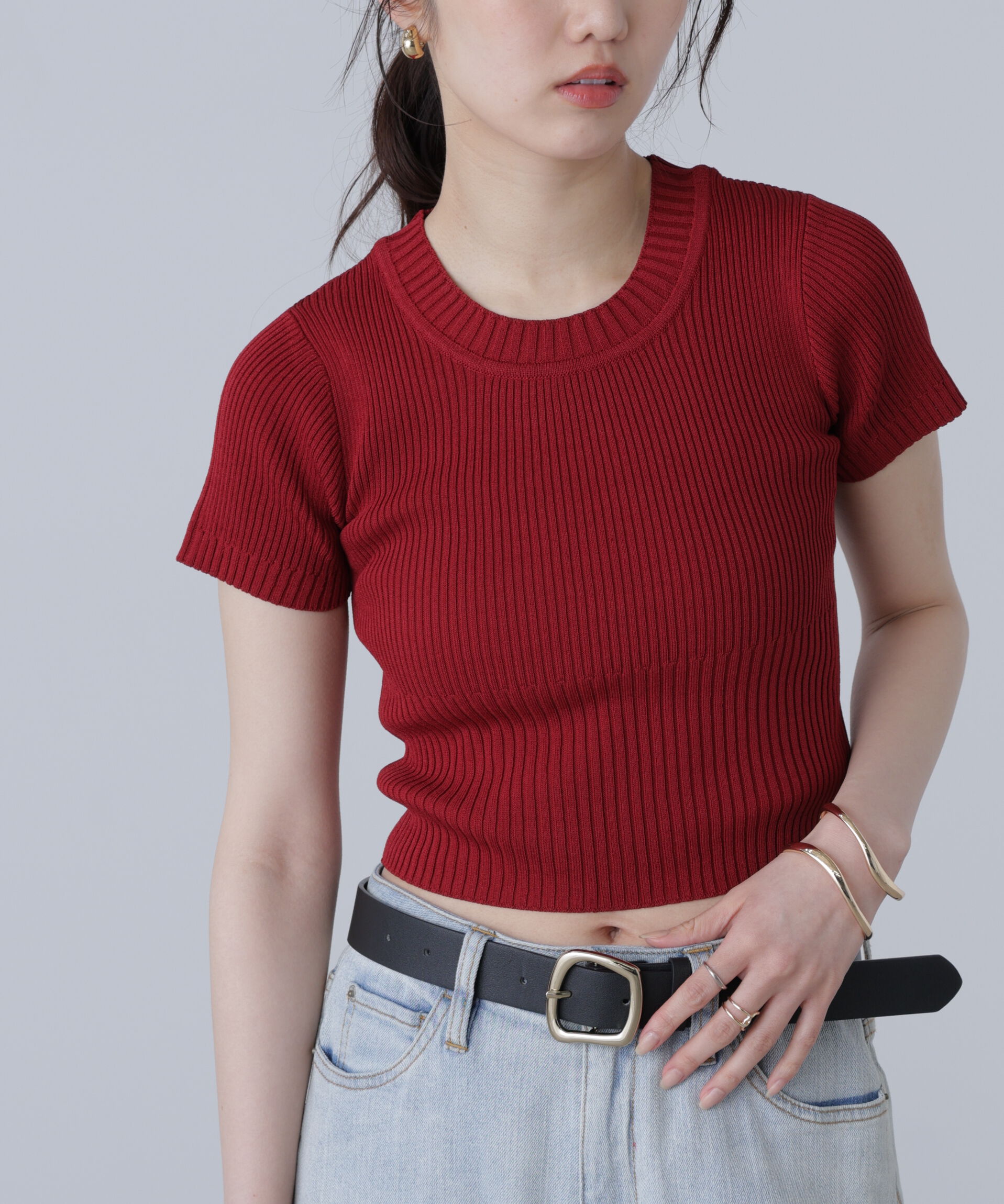  「ショート丈クルーネックリブニット」|ニット・セーター|