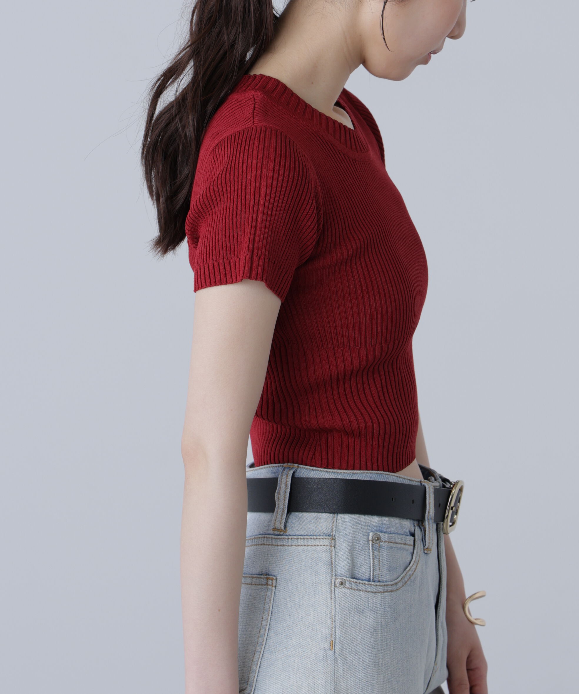  「ショート丈クルーネックリブニット」|ニット・セーター|