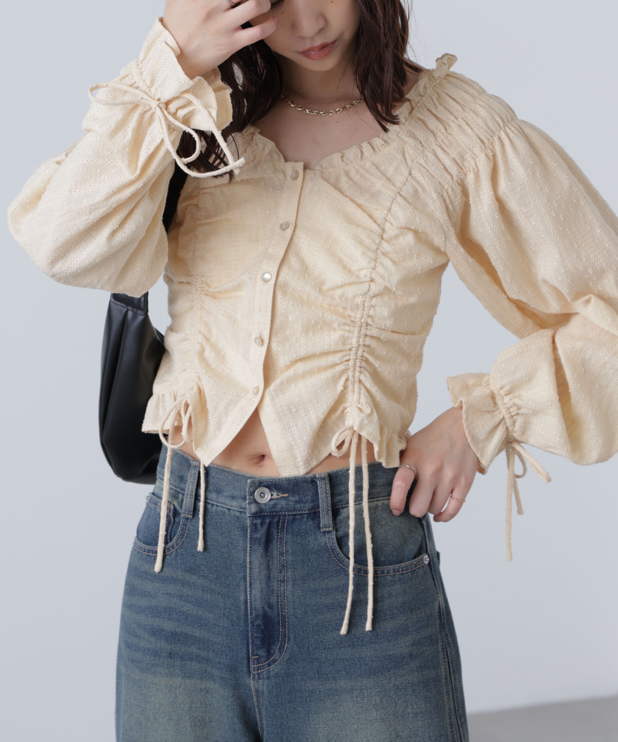  「ドロストリボン長袖ブラウス」|シャツ・ブラウス|