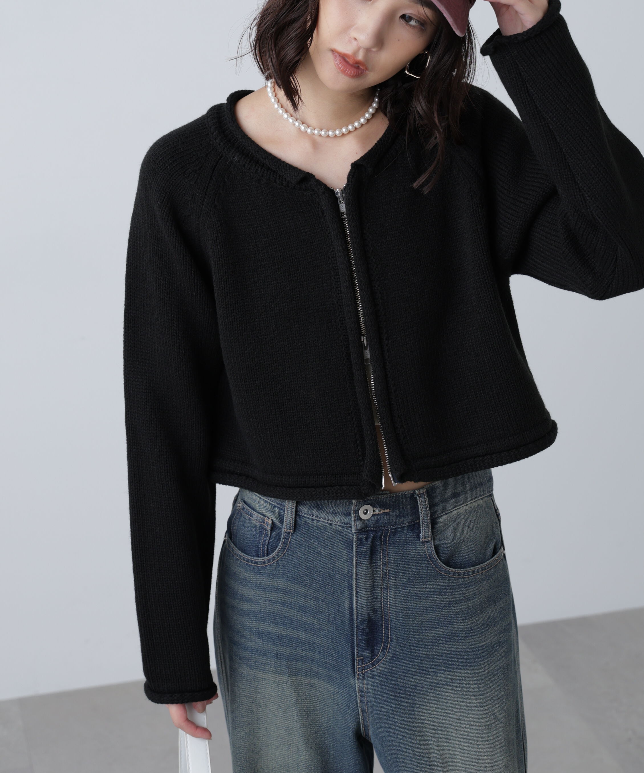  「ロールアップ短丈ジップカーディガン」|ニット・セーター|