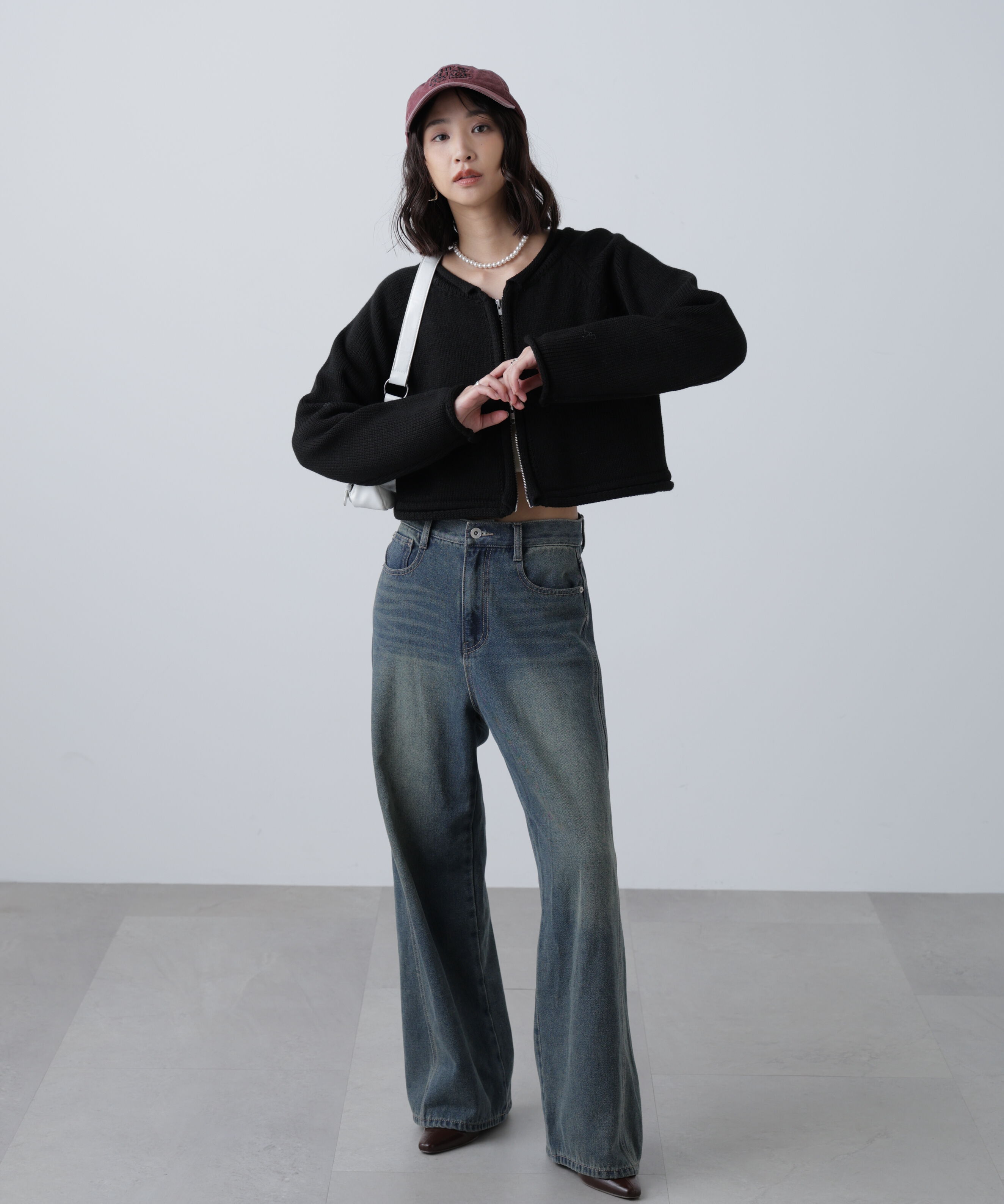  「ロールアップ短丈ジップカーディガン」|ニット・セーター|