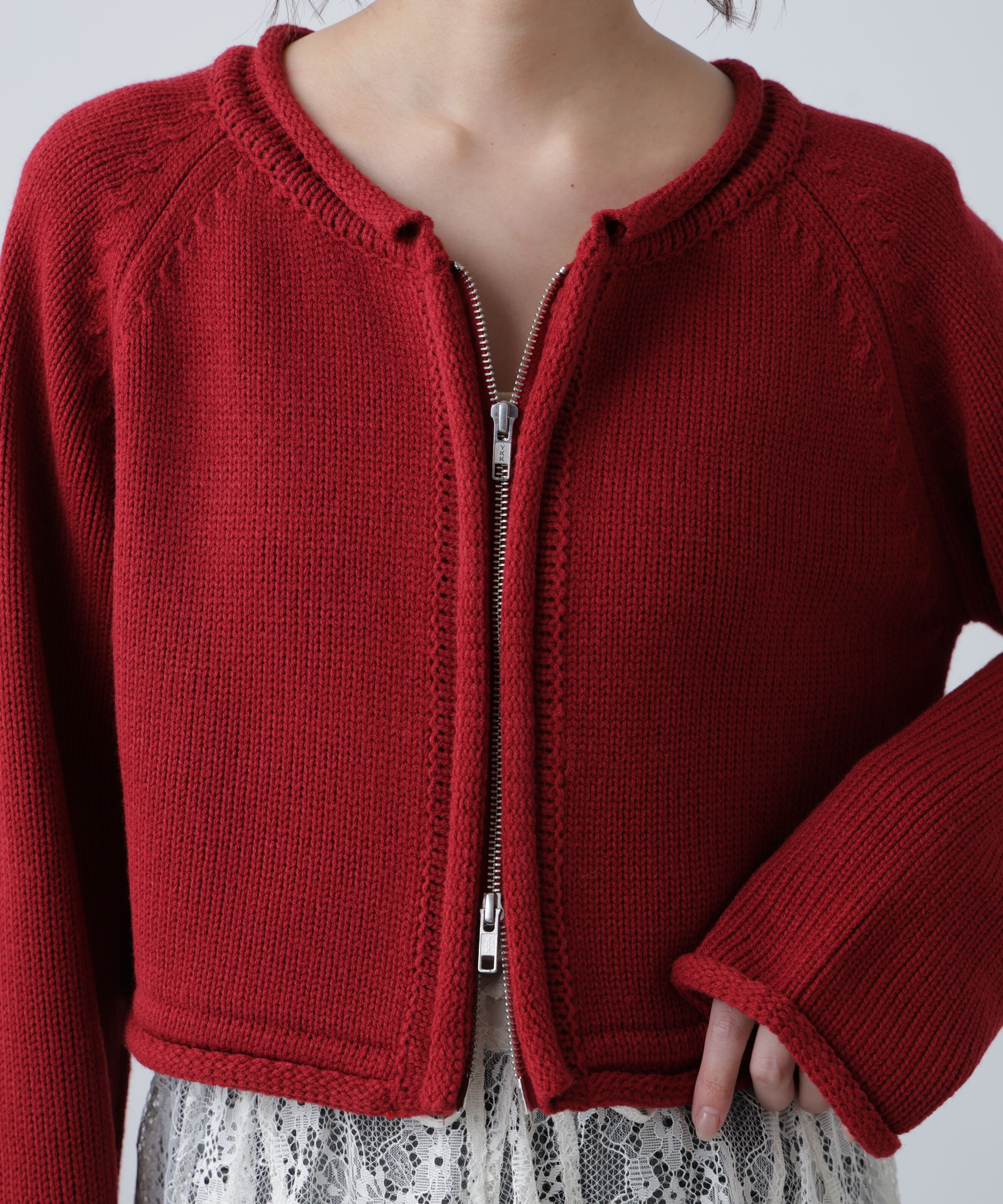  「ロールアップ短丈ジップカーディガン」|ニット・セーター|