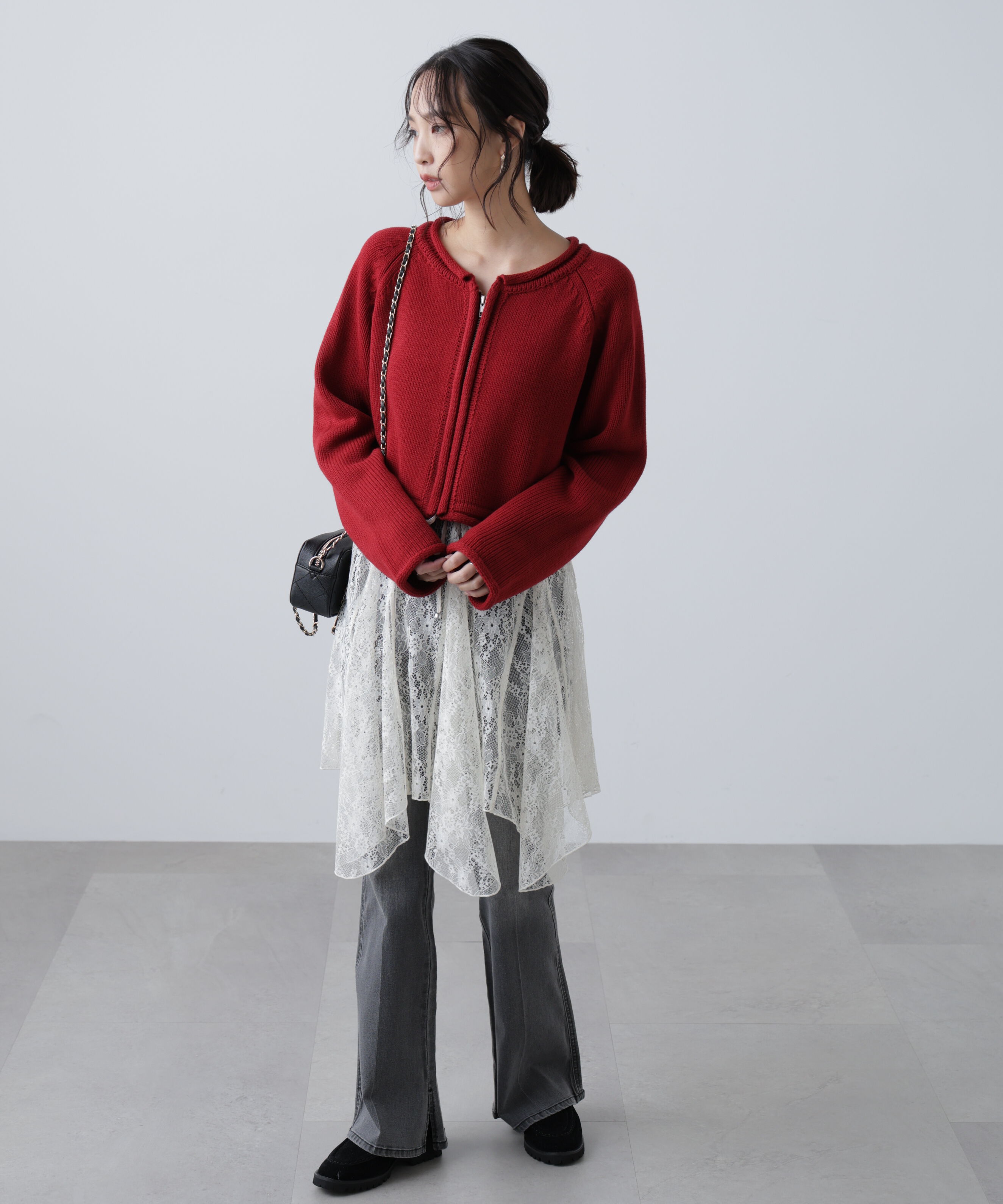  「ロールアップ短丈ジップカーディガン」|ニット・セーター|