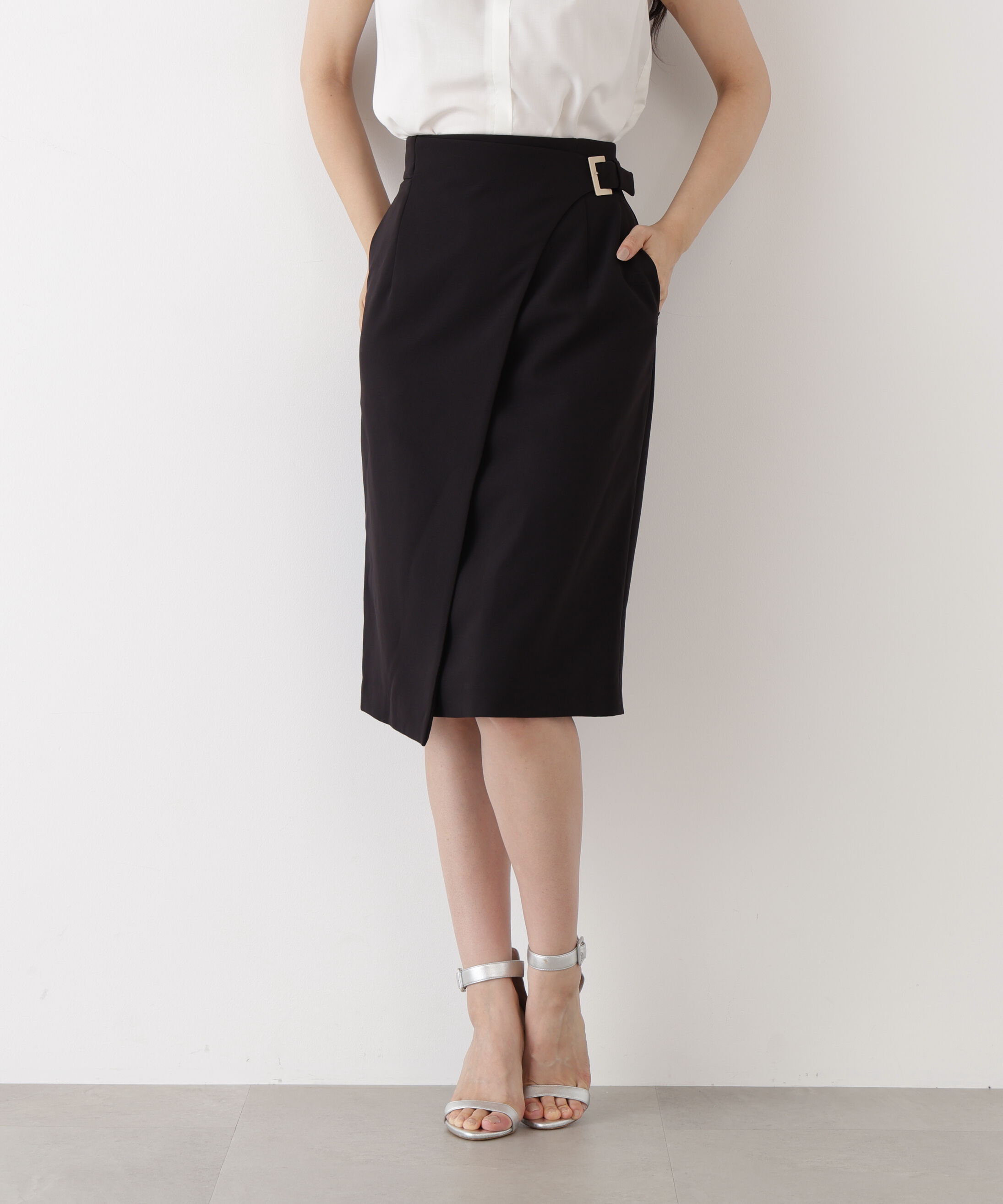  「サイドバックルラップ風スカート」|スカート|ブラック