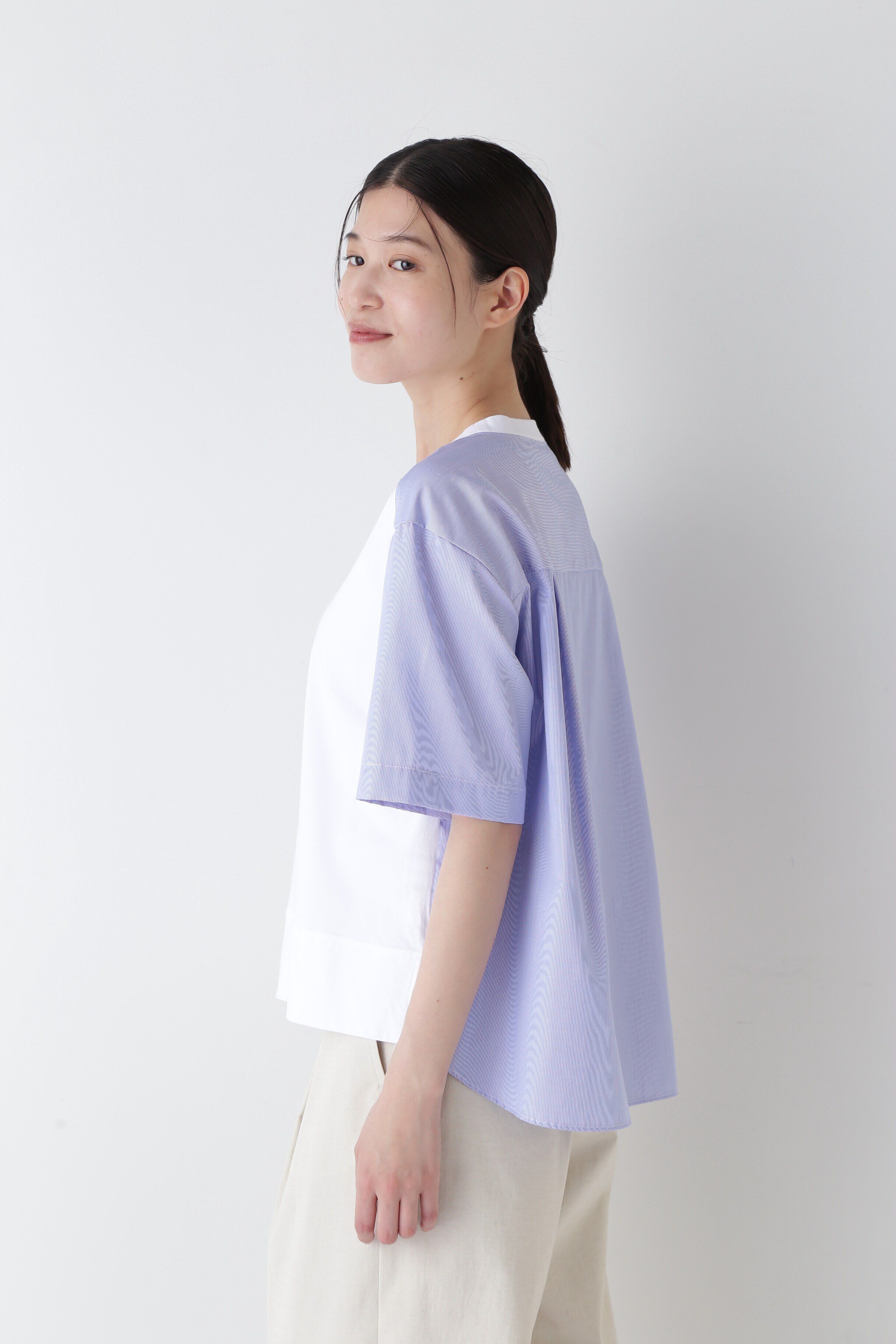  「◆ストライプ布帛コンビＴシャツ」|Tシャツ・カットソー|