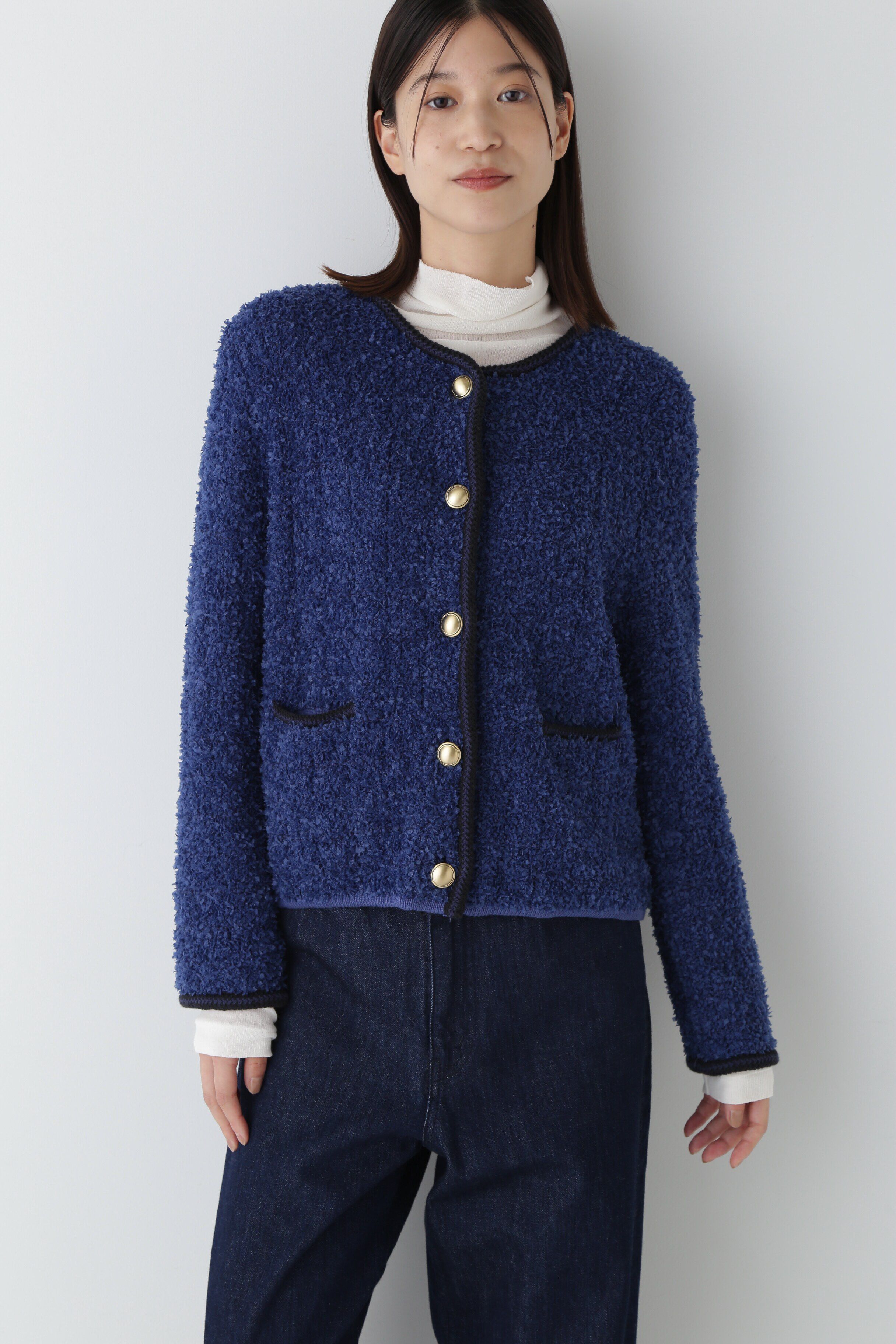  「◆花モールニットツイードジャケット」|ニット・セーター|ネイビー