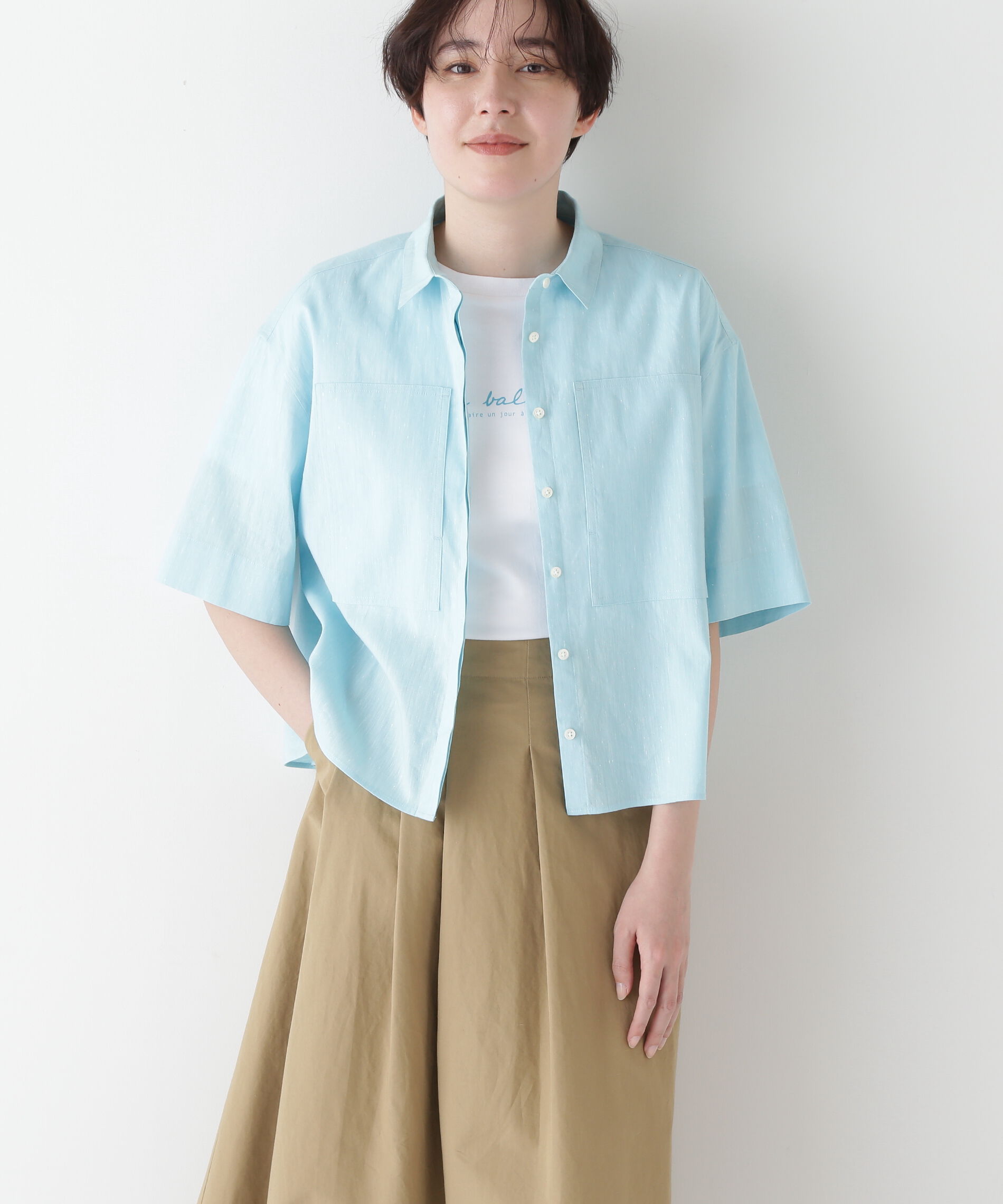  「◆コットンリネンシャンブレーハーフスリーブボックスシャツ」|シャツ・ブラウス|ブルー