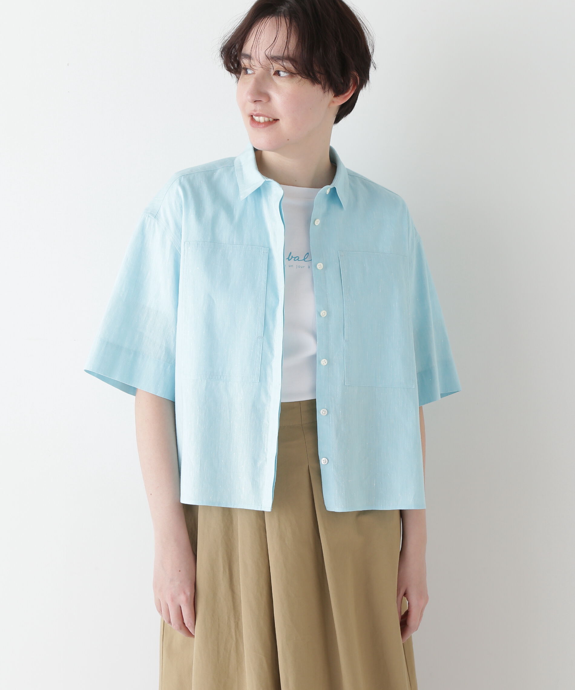  「◆コットンリネンシャンブレーハーフスリーブボックスシャツ」|シャツ・ブラウス|
