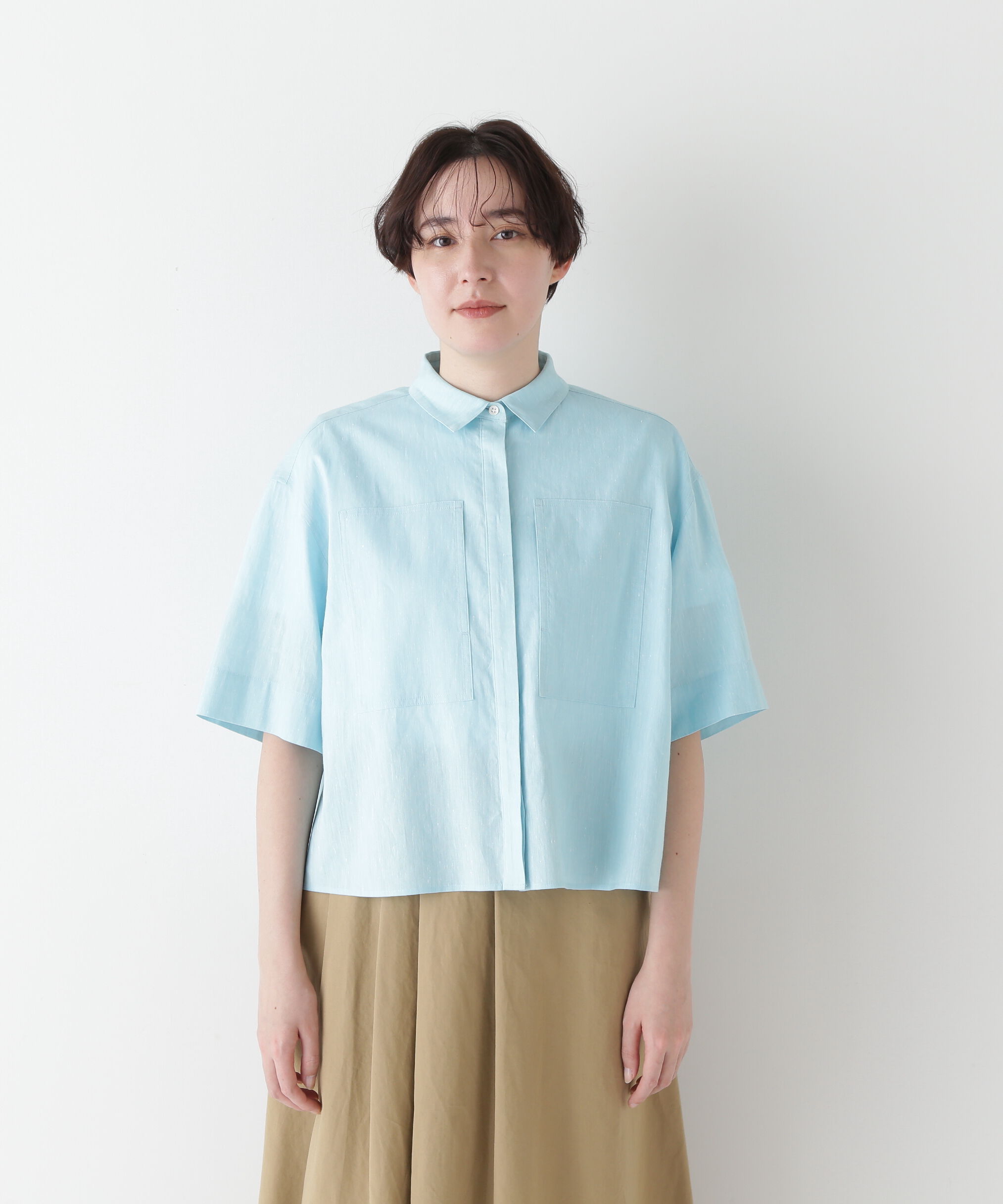  「◆コットンリネンシャンブレーハーフスリーブボックスシャツ」|シャツ・ブラウス|