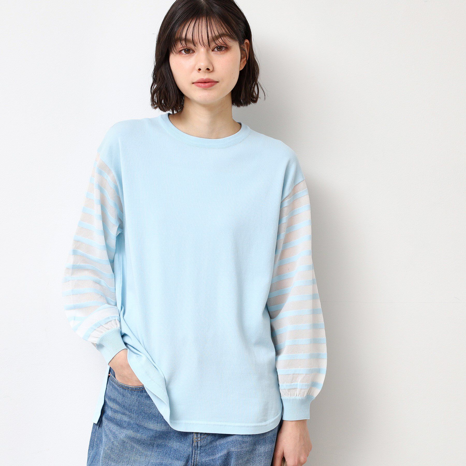 Dessin「【洗える】スリーブボーダーニット（S～L）」|ニット・セーター|ブルー(091)