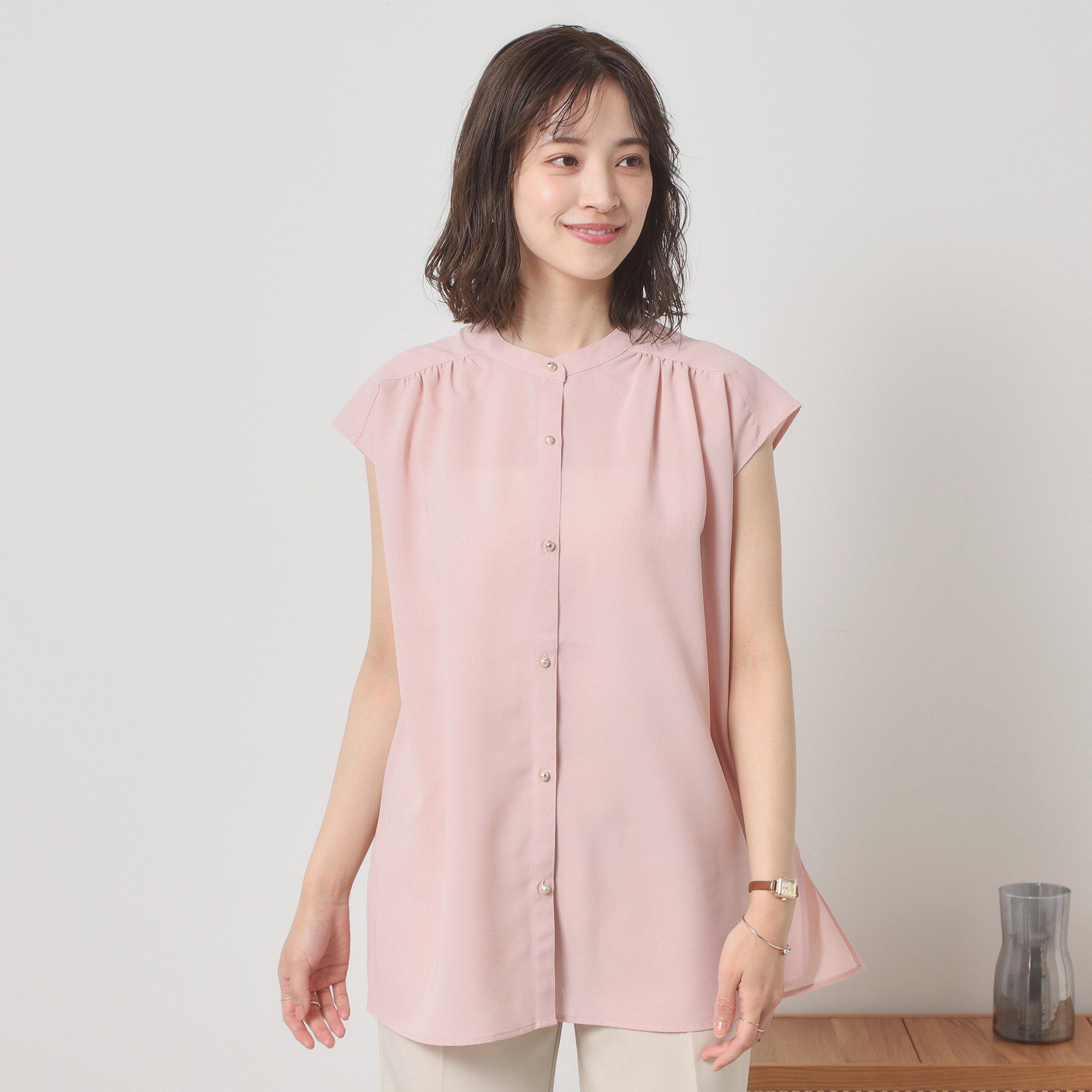 ITS&rsquo;DEMO「【清涼感／手洗い可】麻調前開きブラウス」|シャツ・ブラウス|ピンク(071)