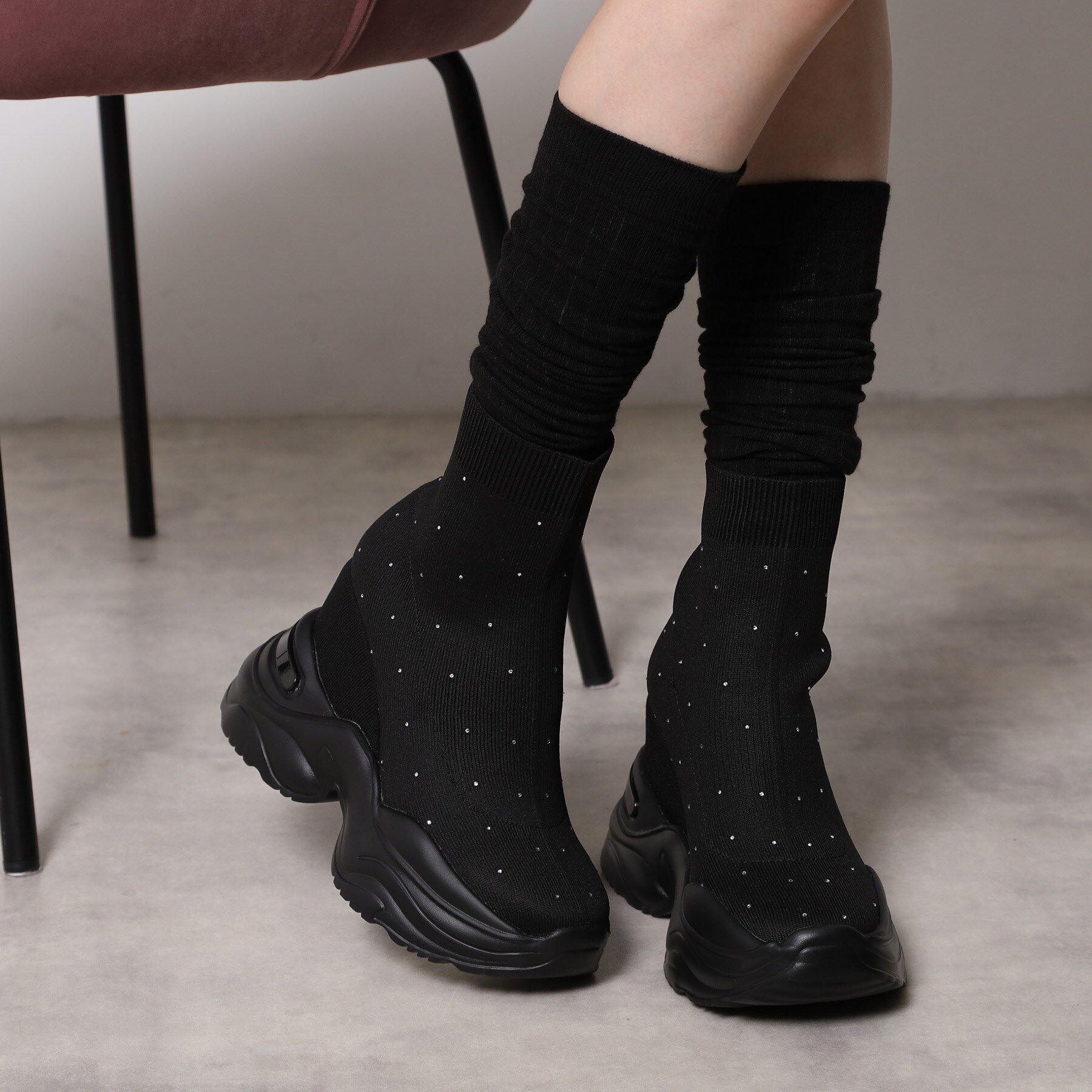 ESPERANZA「【EC先行販売】スニーカーソールラインストーンニットブーツ」|ショートブーツ|