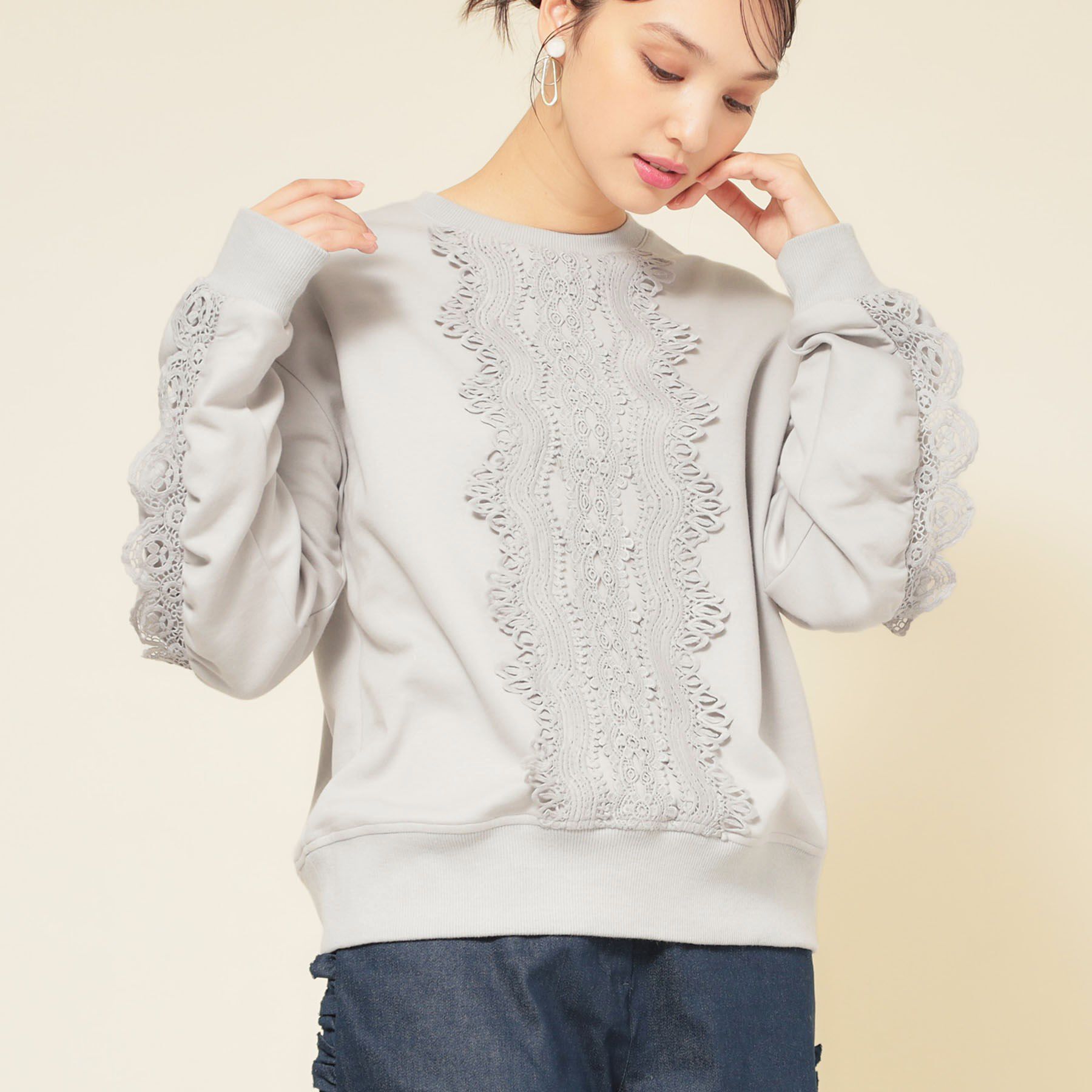 SunaUna「【COLLECTION LINE】レース付プルオーバー」|Tシャツ・カットソー|ライトグレー(011