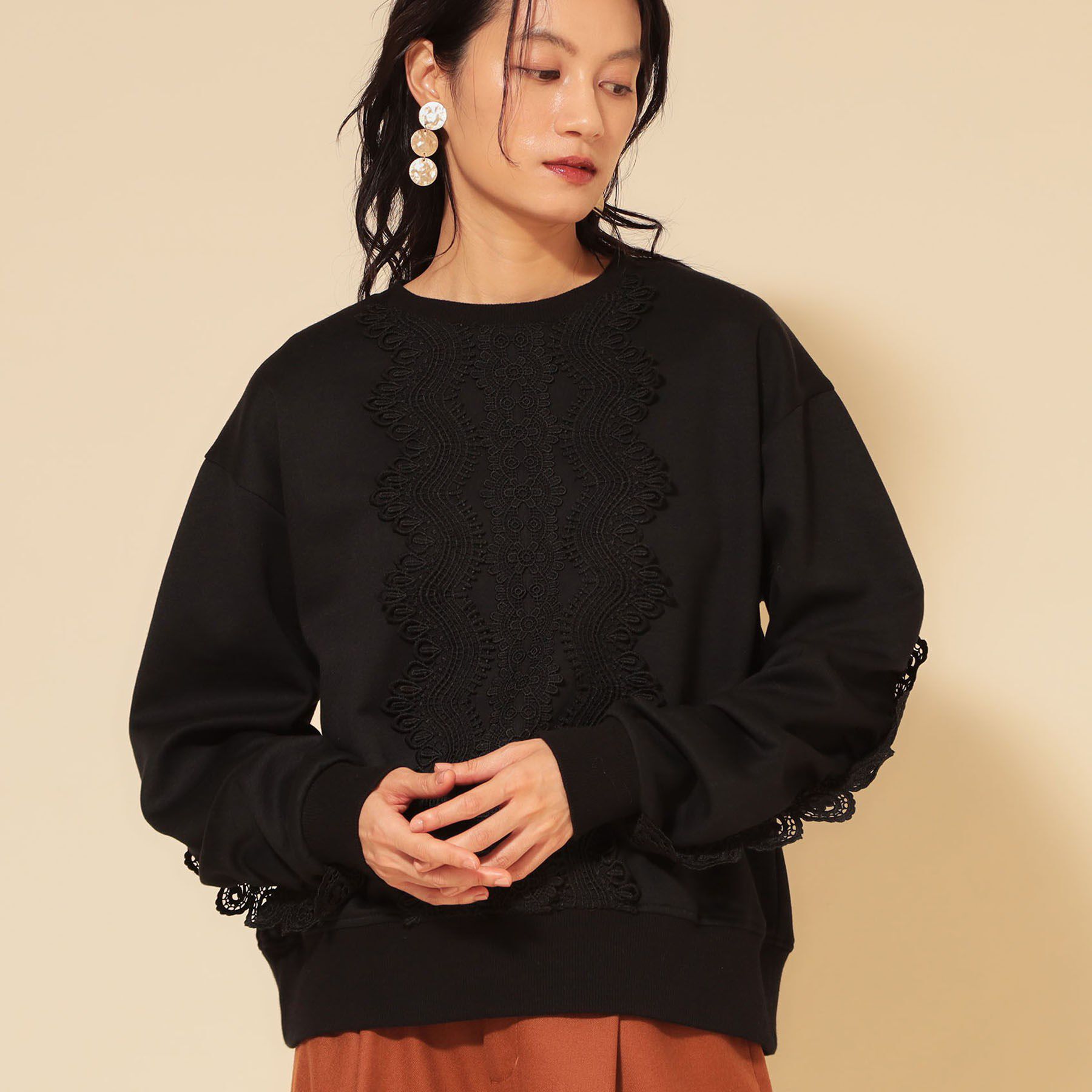 SunaUna「【COLLECTION LINE】レース付プルオーバー」|Tシャツ・カットソー|ブラック(019)