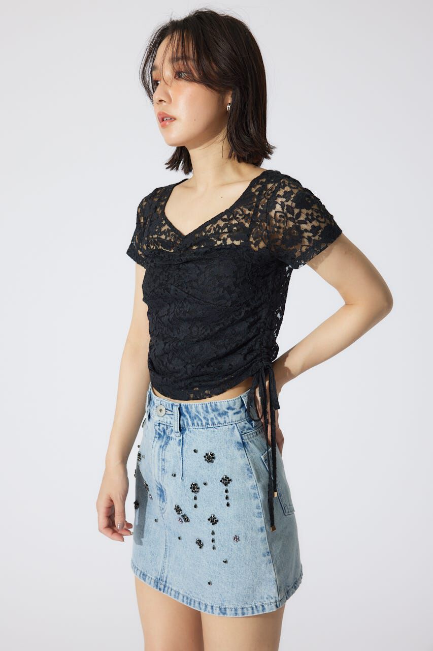 rienda「ミックスフラワービジュージャストウエストデニムスカート」|スカート|