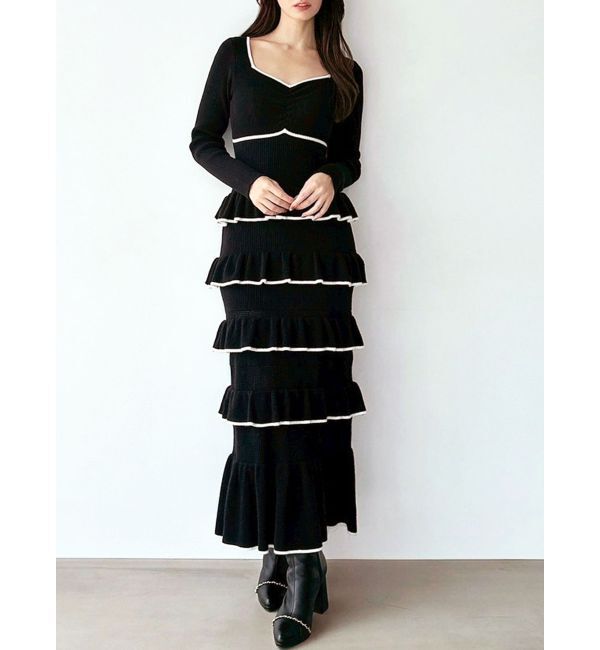 RESEXXY「フリルデザインIラインニットワンピース」|ワンピース|ブラック