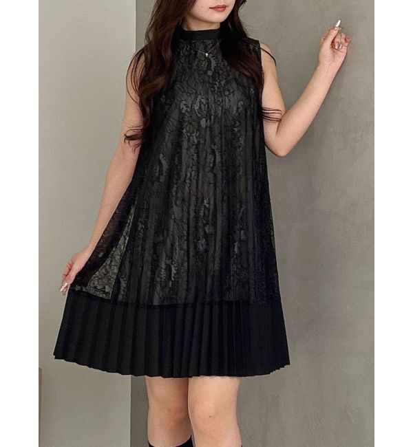 MERCURYDUO「バイカラーレースプリーツミニワンピース」|ワンピース|ブラック