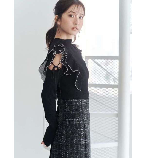 MERCURYDUO「異素材プリーツラッフルリブニット」|ニット・セーター|