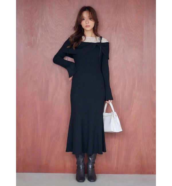 MERCURYDUO「レース切替オフショルニットワンピース」|ワンピース|