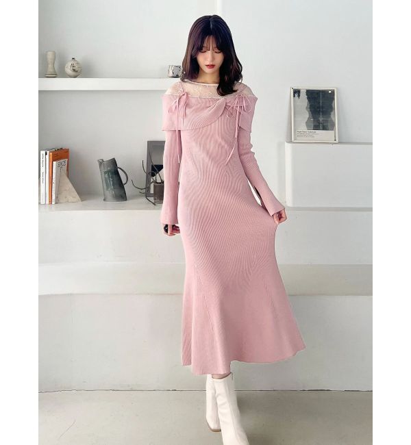 MERCURYDUO「レース切替オフショルニットワンピース」|ワンピース|