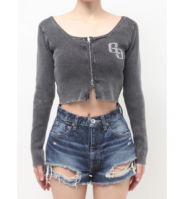 GYDA「GG bijou ZIPブリーチニットショートトップス」|ニット・セーター|