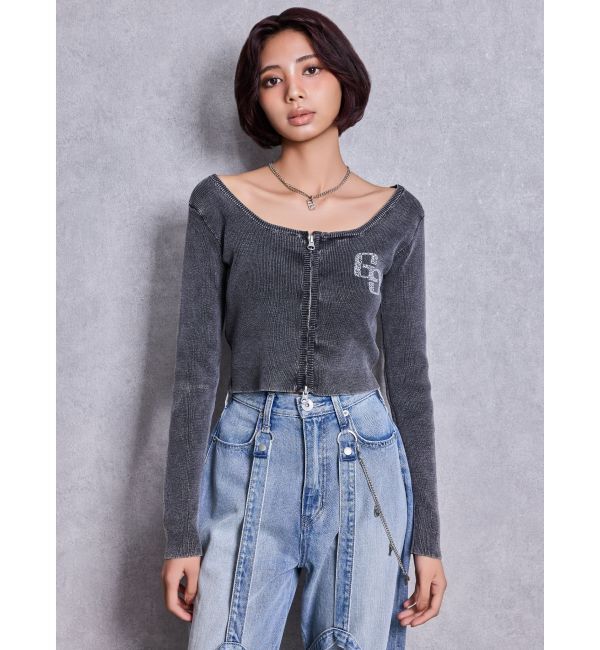 GYDA「GG bijou ZIPブリーチニットショートトップス」|ニット・セーター|