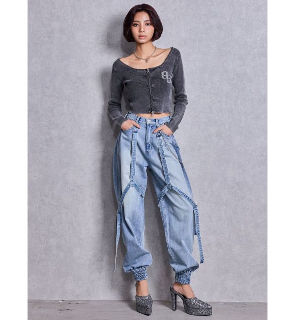 GYDA「GG bijou ZIPブリーチニットショートトップス」|ニット・セーター|