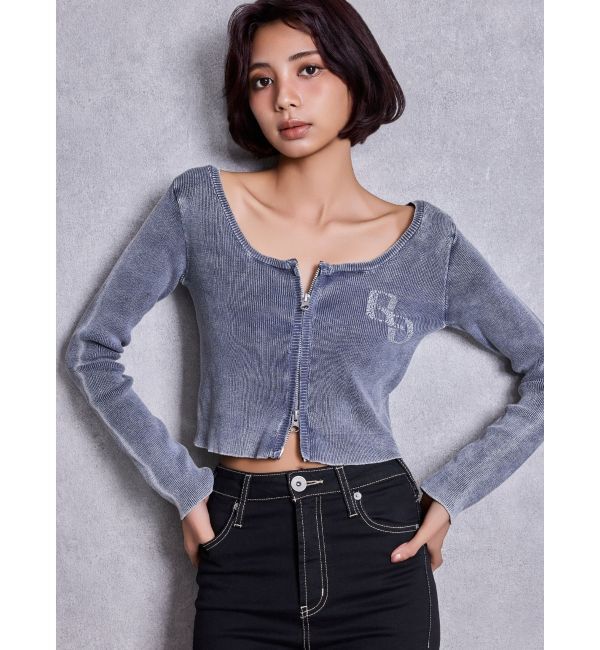 GYDA「GG bijou ZIPブリーチニットショートトップス」|ニット・セーター|ネイビー