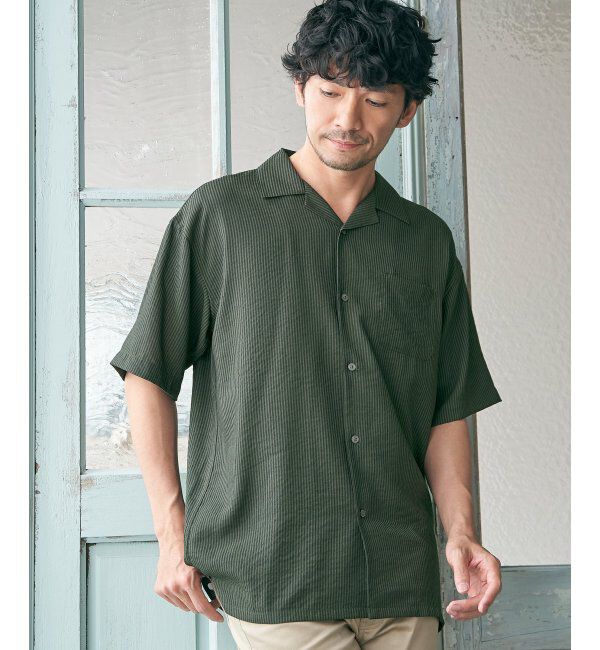 ikka「シャドーストライプオープンカラーシャツ」|シャツ・ブラウス|グリーン