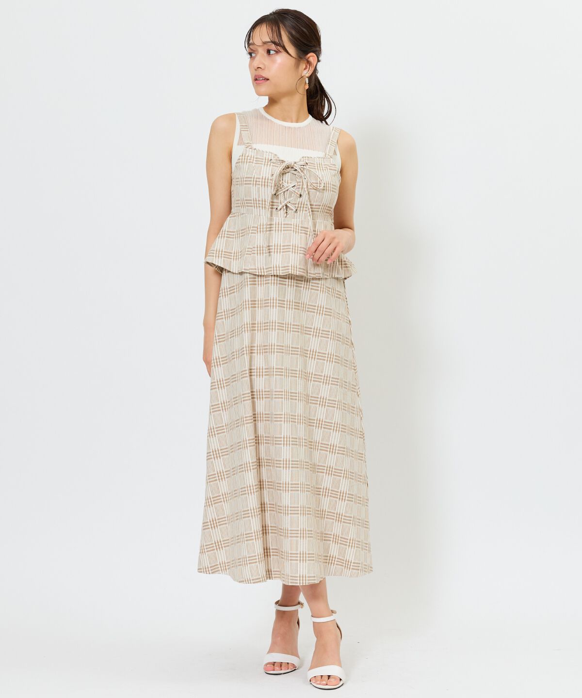 アンドクチュール「フロントレースアップチェックジャンスカ」|ジャンパースカート|beige/ﾁｪｯｸ