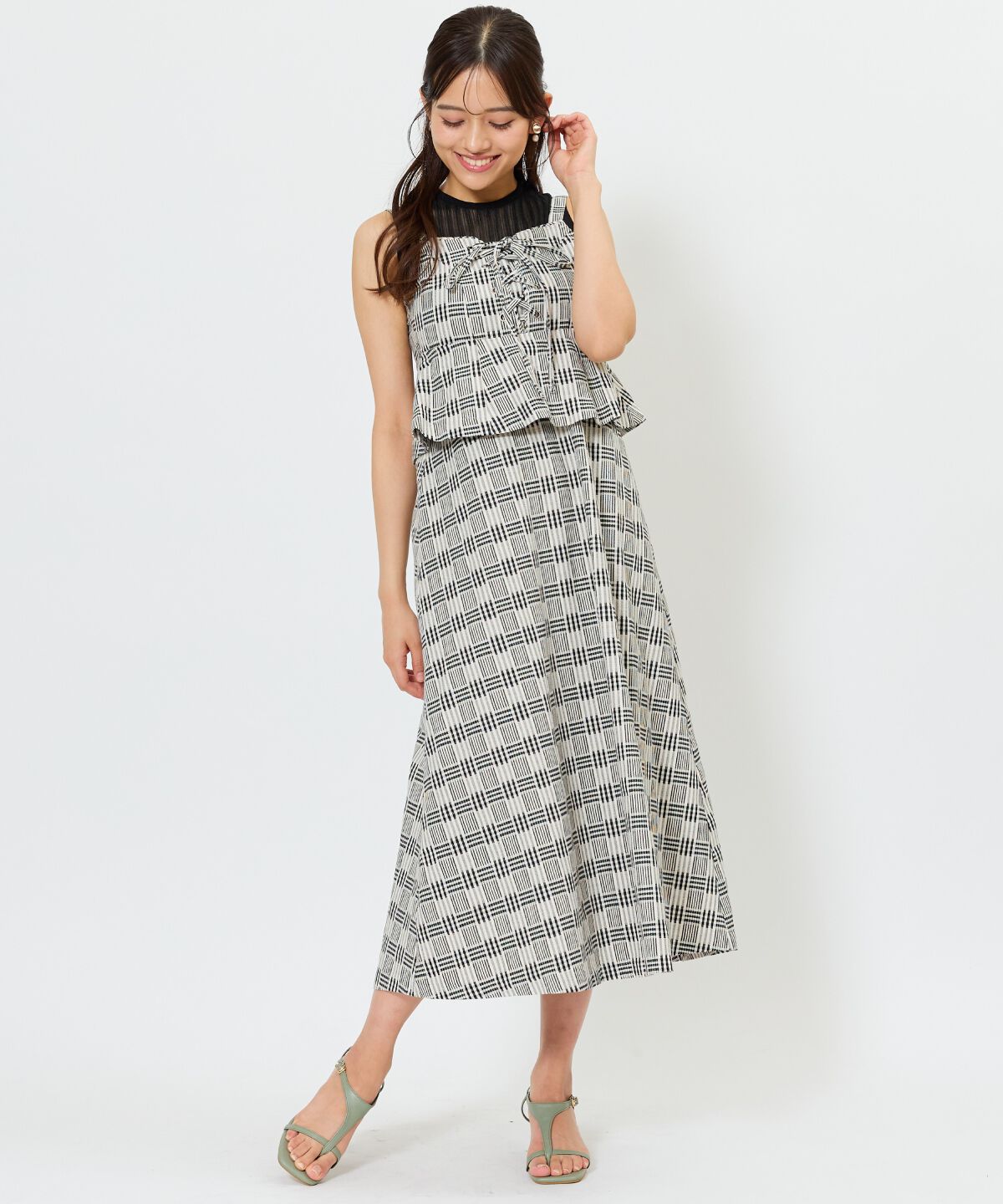 アンドクチュール「フロントレースアップチェックジャンスカ」|ジャンパースカート|