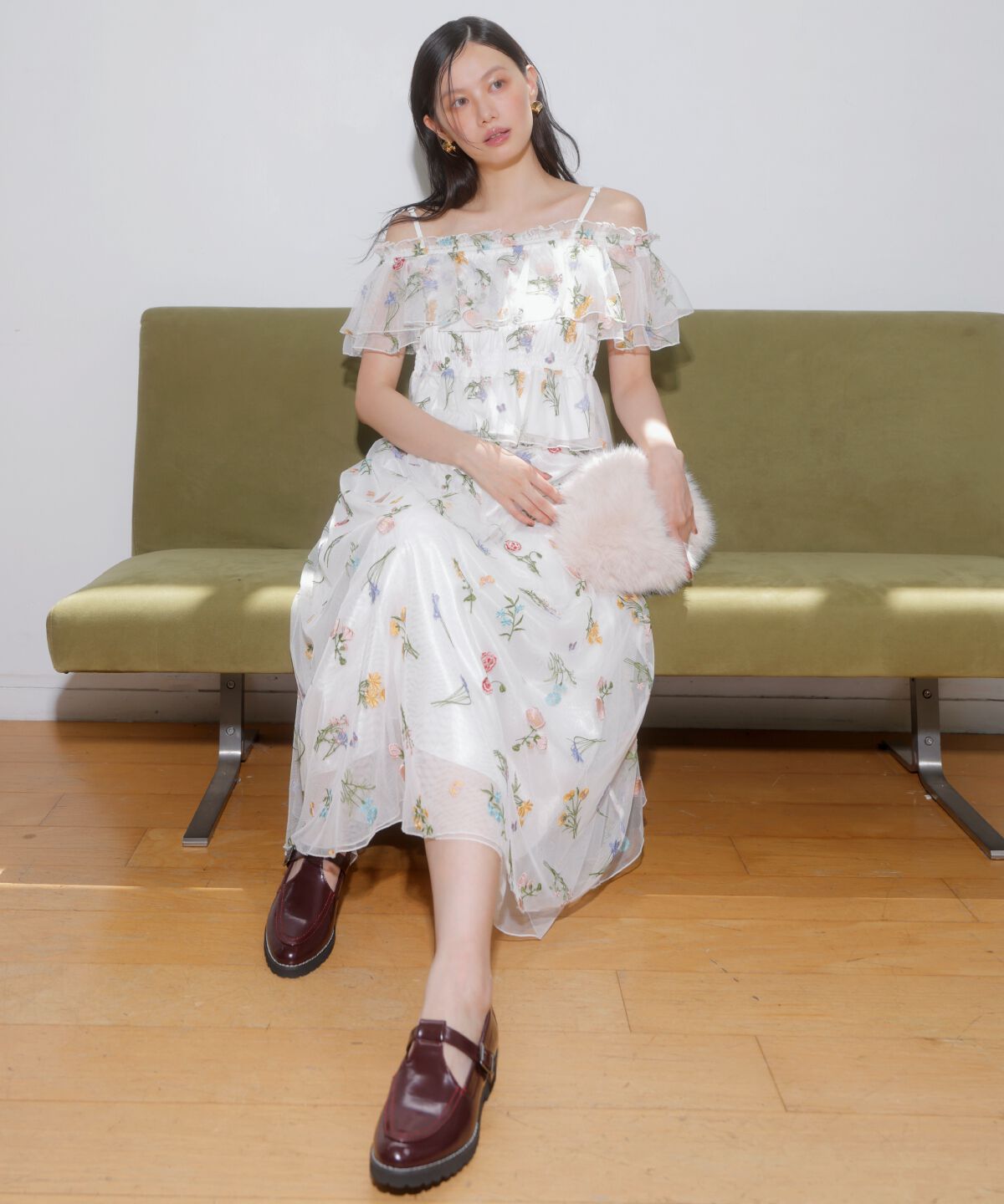 アンドクチュール「ボタニカル柄刺繍チュールスカート」|フレア|