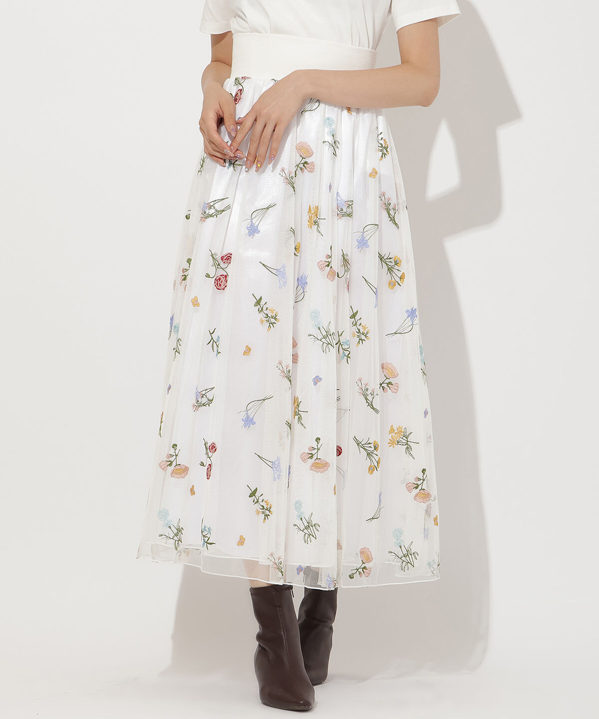 アンドクチュール「ボタニカル柄刺繍チュールスカート」|フレア|