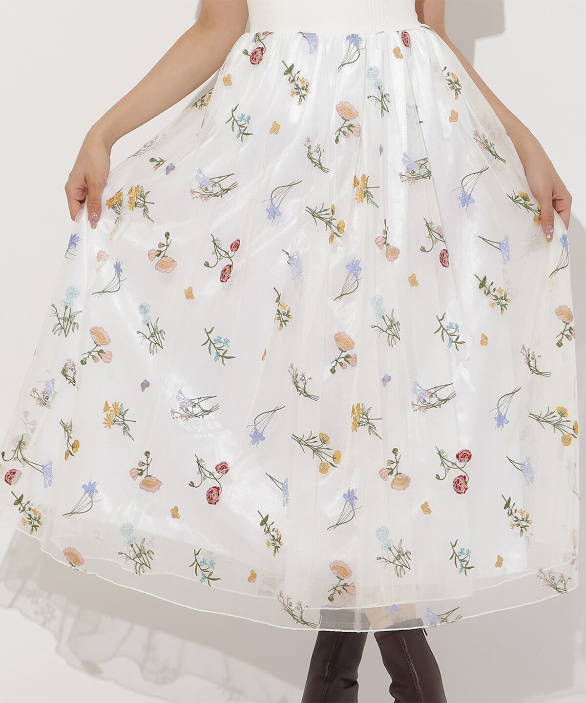 アンドクチュール「ボタニカル柄刺繍チュールスカート」|フレア|