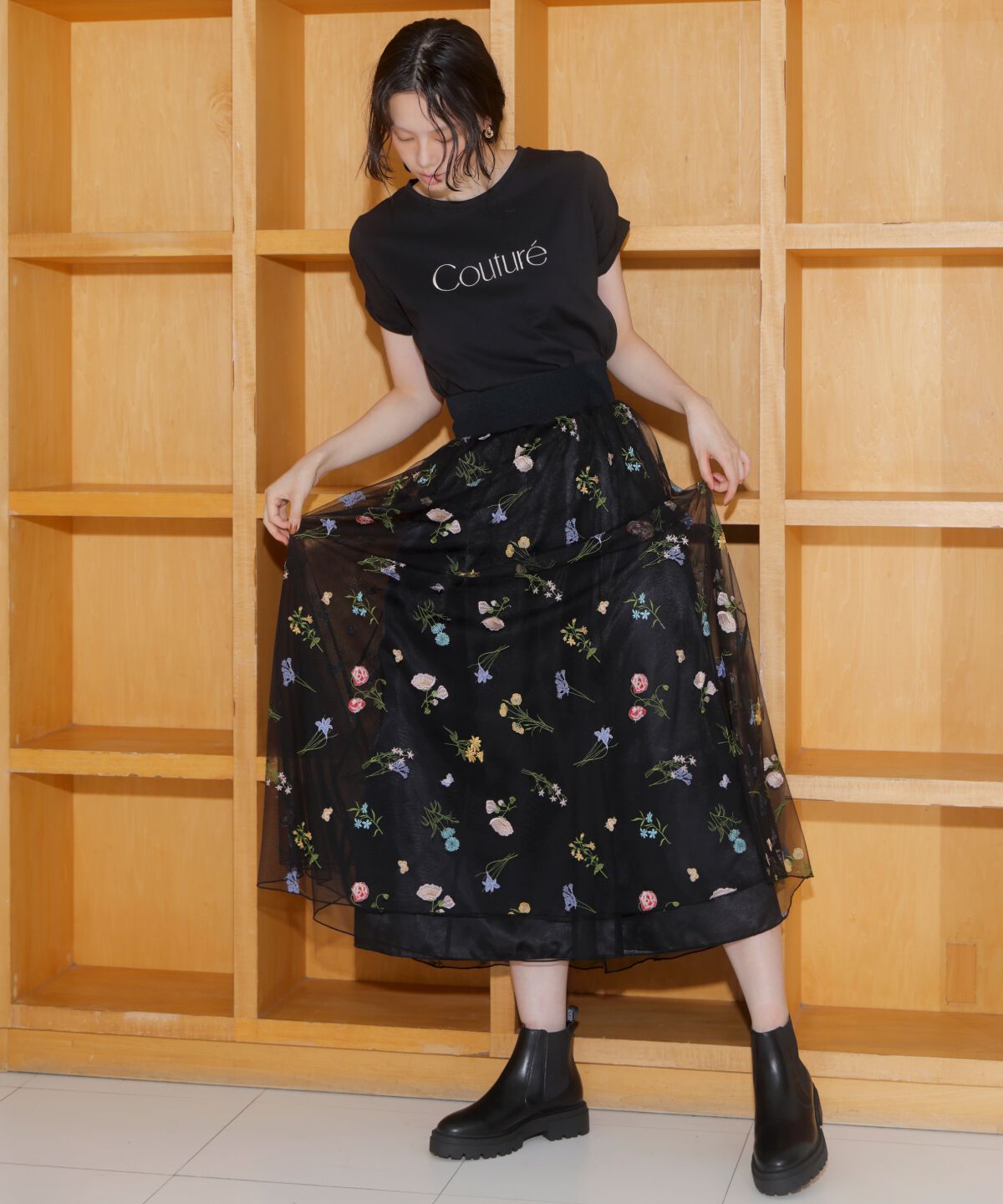 アンドクチュール「ボタニカル柄刺繍チュールスカート」|フレア|