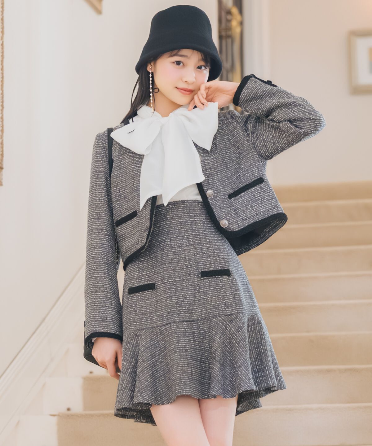 WILLSELECTION「ブレードデザインノーカラーツイードジャケット」|ノーカラージャケット|ﾁｬｺｰﾙｸﾞﾚｰ