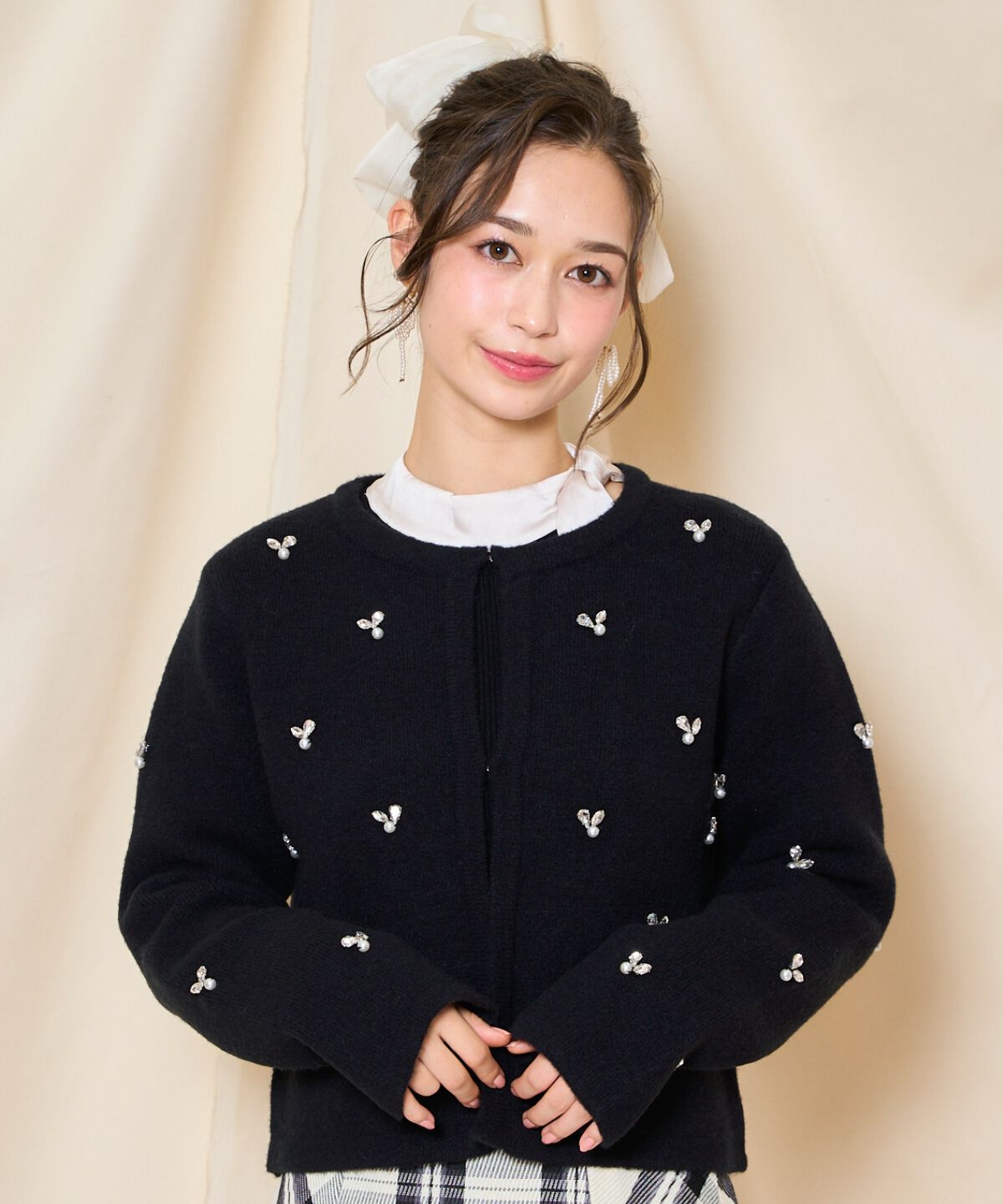 WILLSELECTION「ノーカラービジューニットジャケット」|カーディガン|ブラック