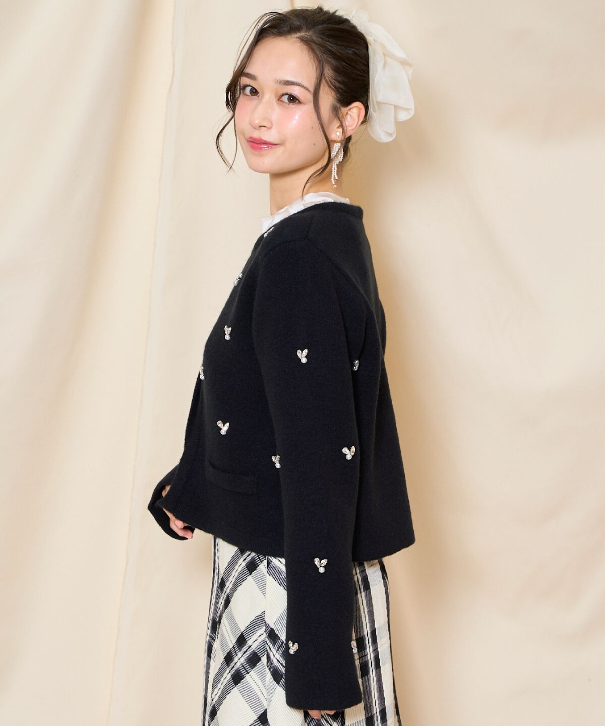 WILLSELECTION「ノーカラービジューニットジャケット」|カーディガン|