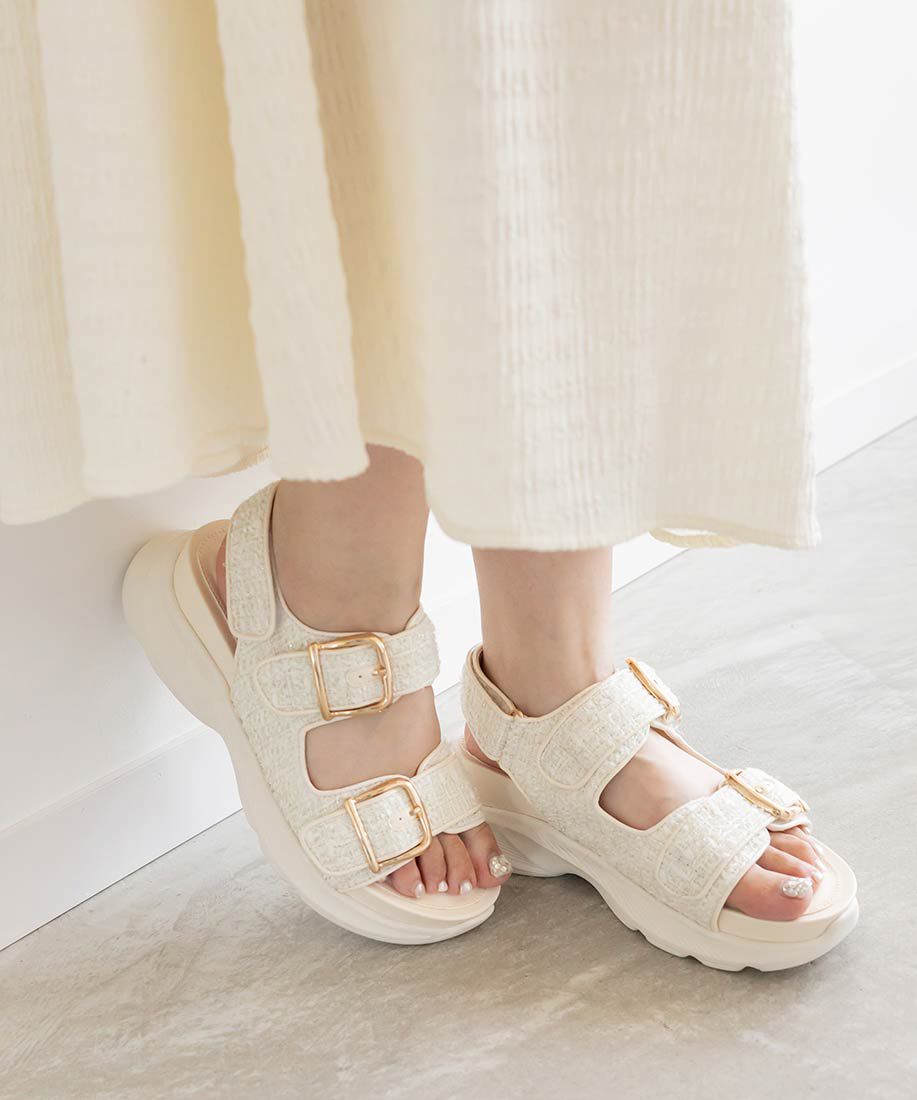  「ダブルベルトツイードスポーツサンダル」|サンダル|アイボリー
