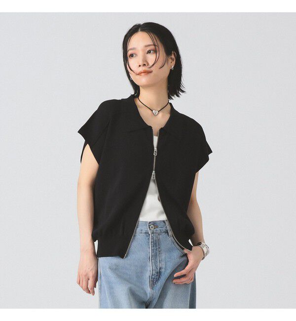 Ray BEAMS 「フレンチスリーブ ジップ ポロ カーディガン」|ニット・セーター|BLACK