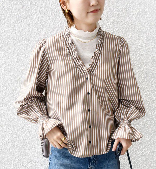 SHIPS for women「【WEB限定】〈手洗い可能〉 シャーリング Vネック 長袖 ブラウス」|シャツ・ブラウス|