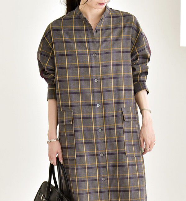 quaranciel「quaranciel: バンドカラー ライン チェック ポケット シャツ ワンピース」|ワンピース|