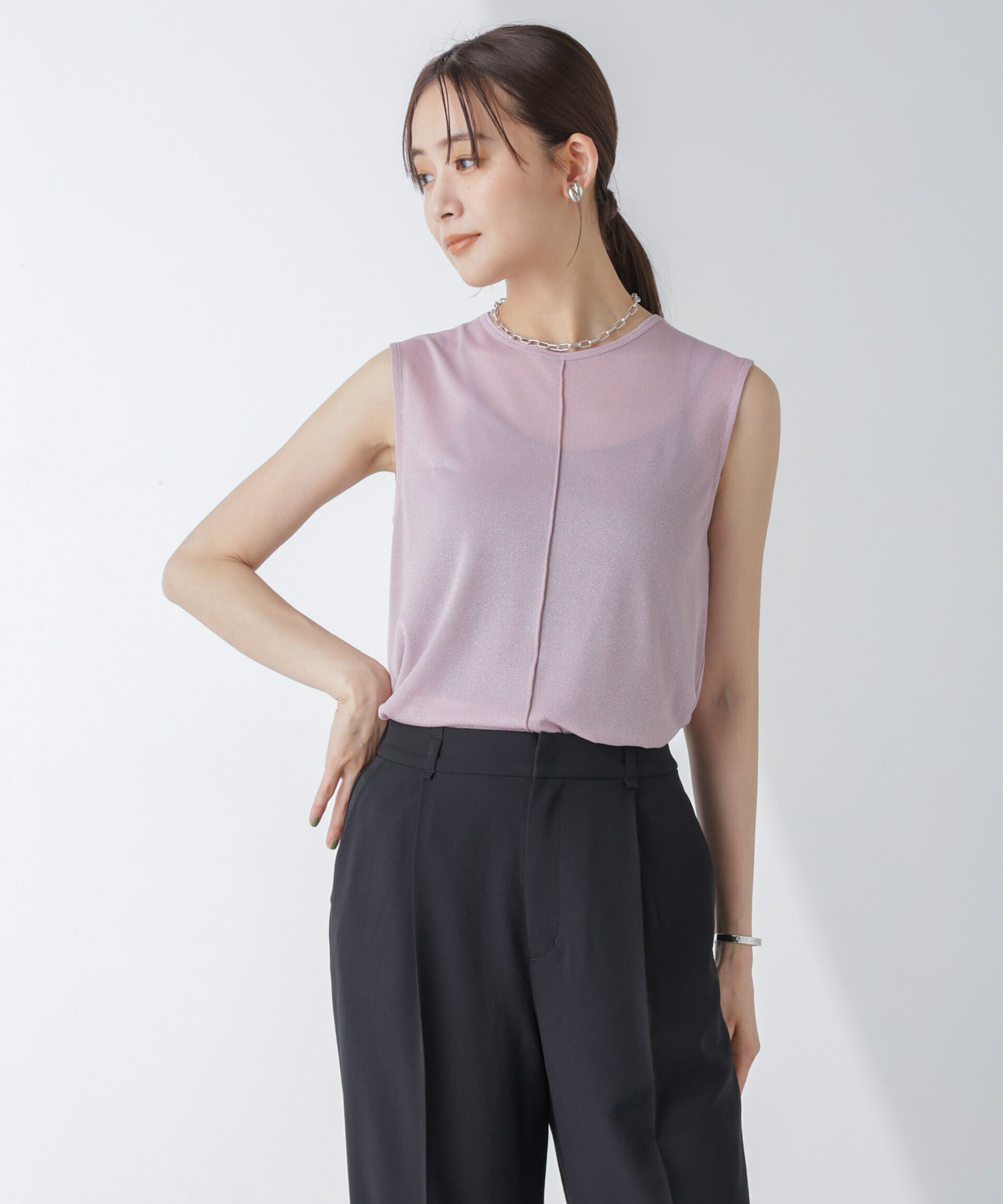 nano･universe「ラメシアーノースリーブカットトップス」|Tシャツ・カットソー|