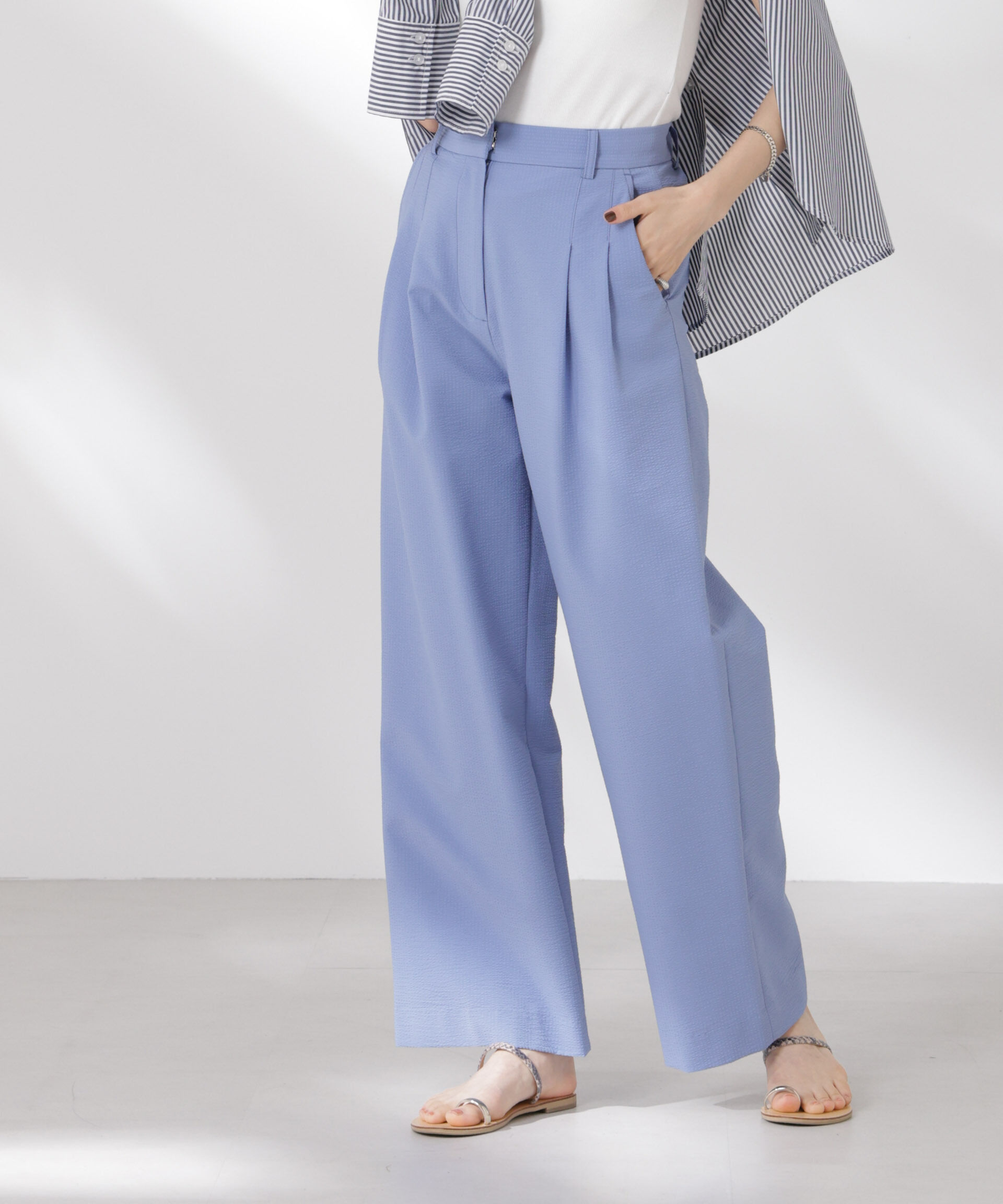 nano･universe「サッカータックワイドパンツ(セットアップ可)」|チノ|ブルー