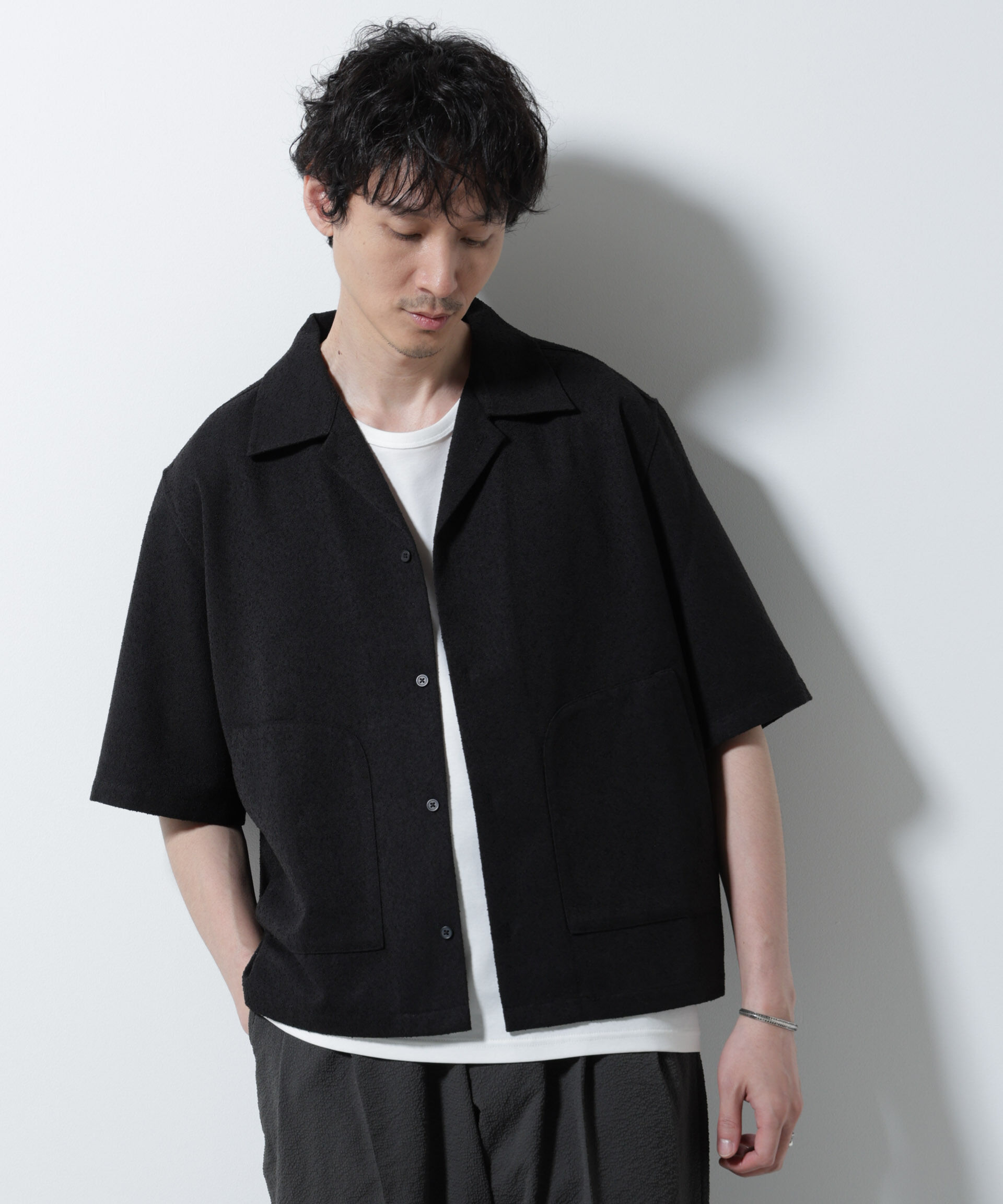 nano･universe「ネップツイルポケットシャツ 半袖」|シャツ・ブラウス|ブラック