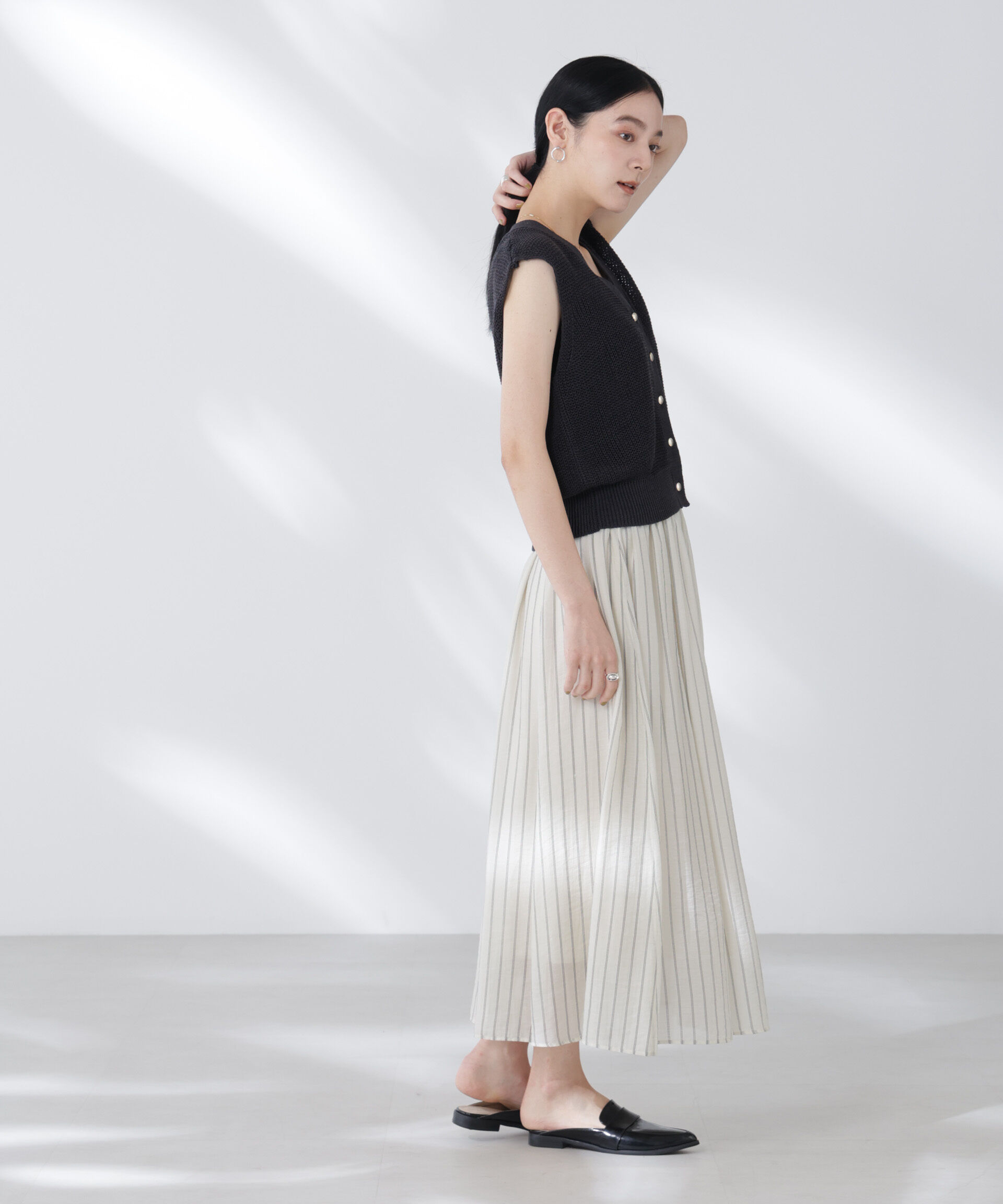 nano･universe「シアーストライプギャザーフレアスカート(セットアップ可)」|スカート|