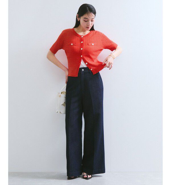 VIS「【WEB限定】エンブレム金釦5分袖ケーブルカーディガン」|カーディガン|