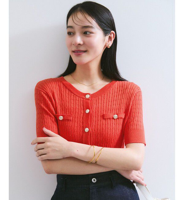 VIS「【WEB限定】エンブレム金釦5分袖ケーブルカーディガン」|カーディガン|